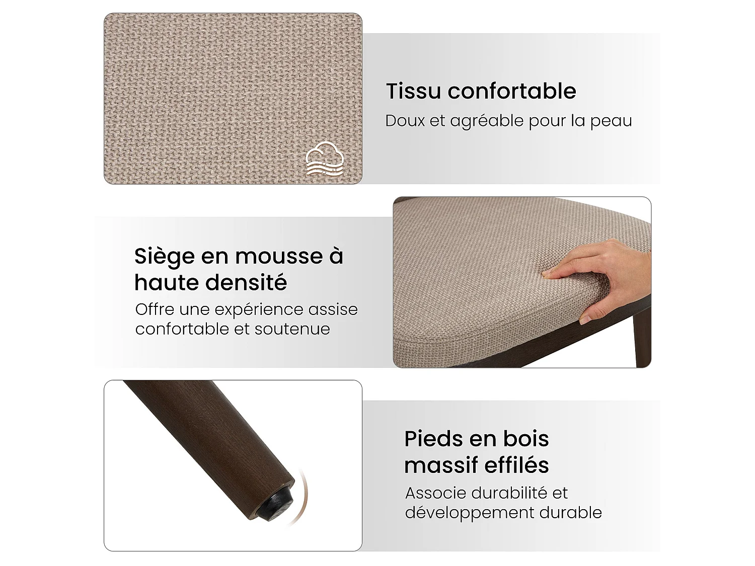 Lot de 2 Chaises de Salle à Manger – Chaises Design Confortables en Tissu avec Pieds en Bois Massif, Camel