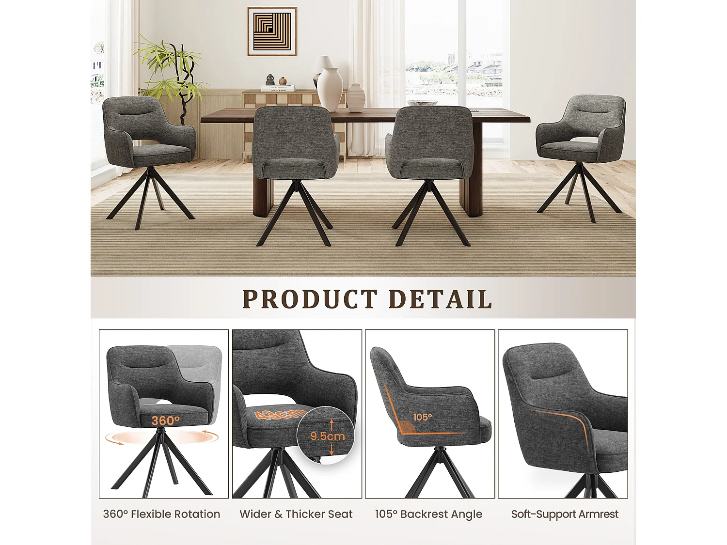 Lot 2 Chaise pivotante premium avec demi-accoudoirs - Base métallique haute stabilité - Gris