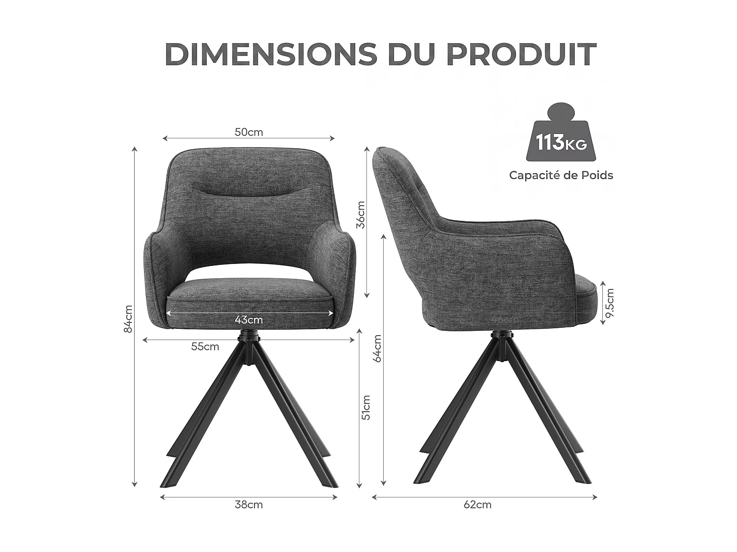 Zestaw 2 obrotowych krzeseł premium z półpodłokietnikami – Metalowa podstawa o wysokiej stabilności – Beżowy