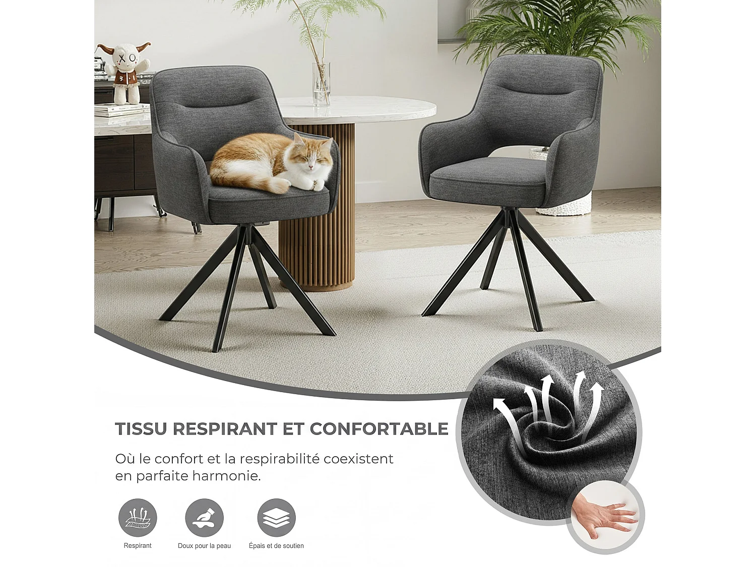 Zestaw 2 obrotowych krzeseł premium z półpodłokietnikami – Metalowa podstawa o wysokiej stabilności – Beżowy