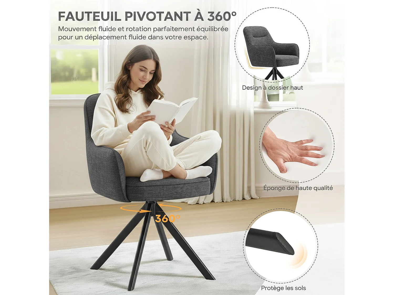 Lot 2 Chaise pivotante premium avec demi-accoudoirs - Base métallique haute stabilité - Gris