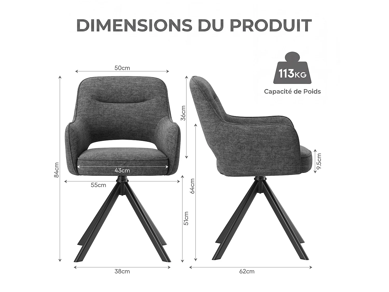Lot 2 Chaise pivotante premium avec demi-accoudoirs - Base métallique haute stabilité - Gris