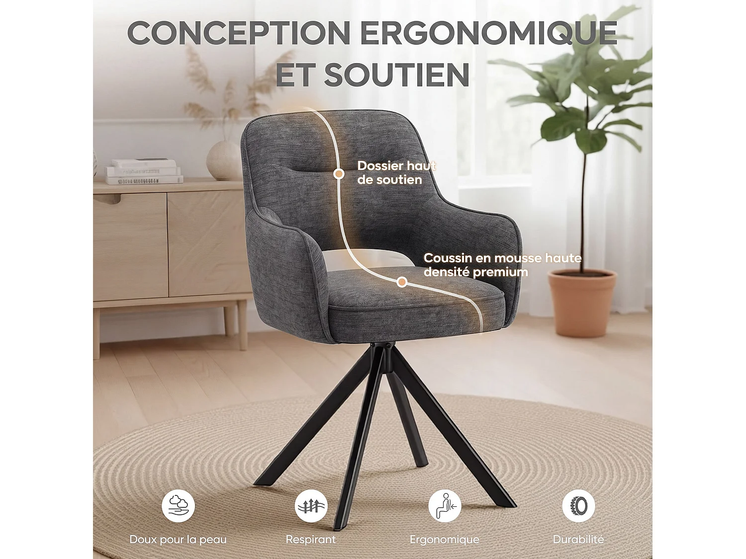 Lot 2 Chaise pivotante premium avec demi-accoudoirs - Base métallique haute stabilité - Gris