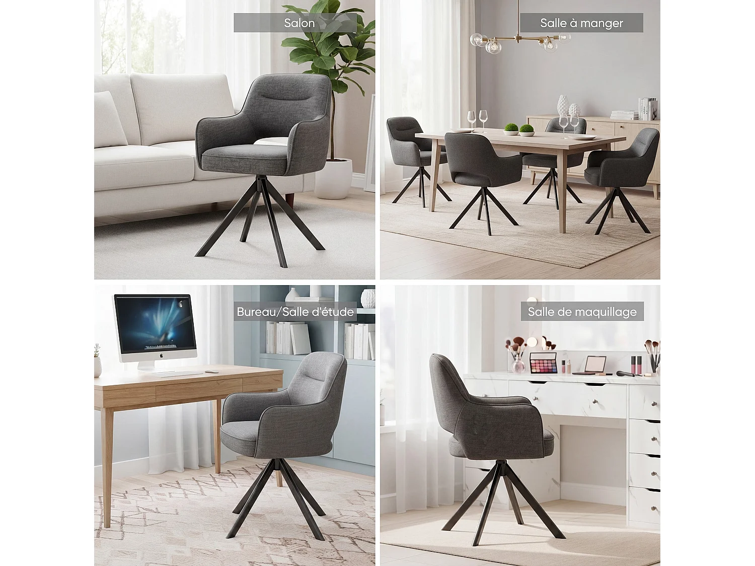 Lot 2 Chaise pivotante premium avec demi-accoudoirs - Base métallique haute stabilité - Gris