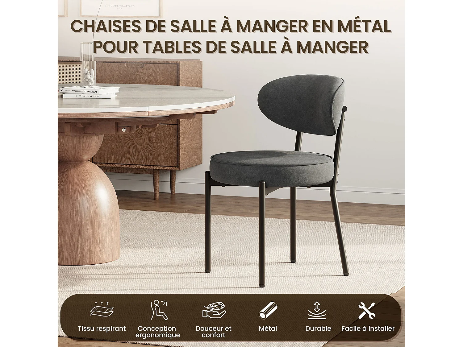 Chaises de salle à manger modernes – Lot de 2, pieds en métal robustes et assise ultra-confortable-Gris