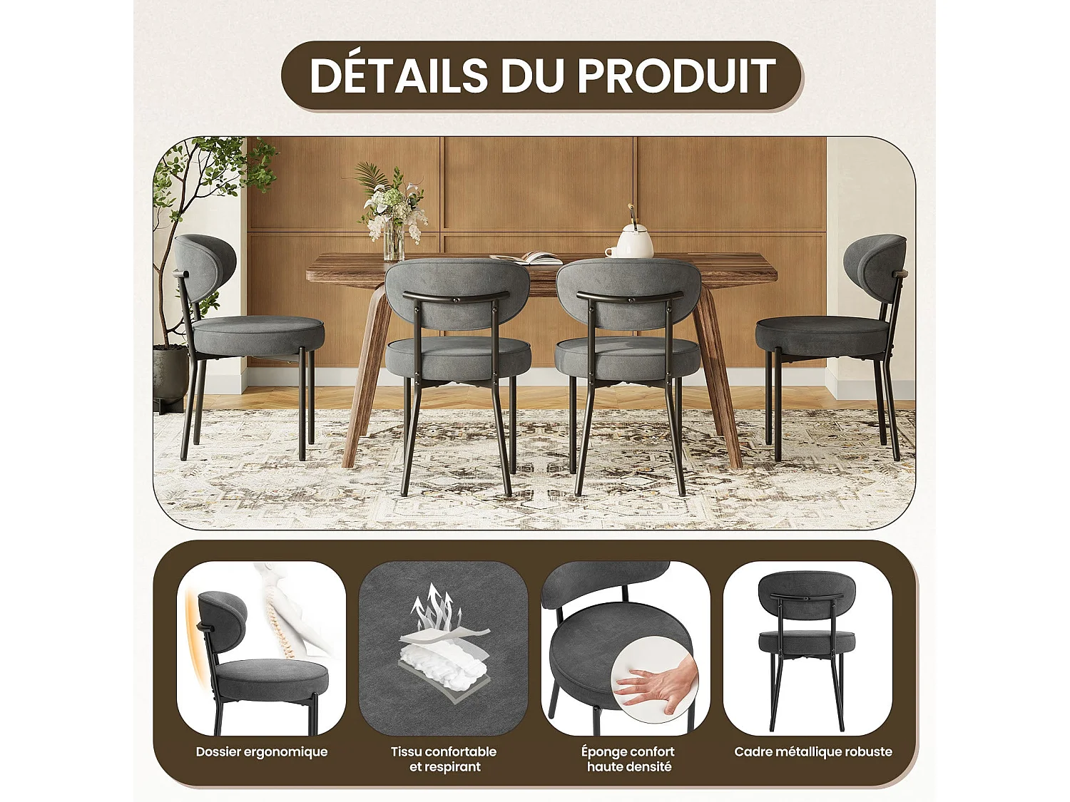 Chaises de salle à manger modernes – Lot de 2, pieds en métal robustes et assise ultra-confortable-Gris