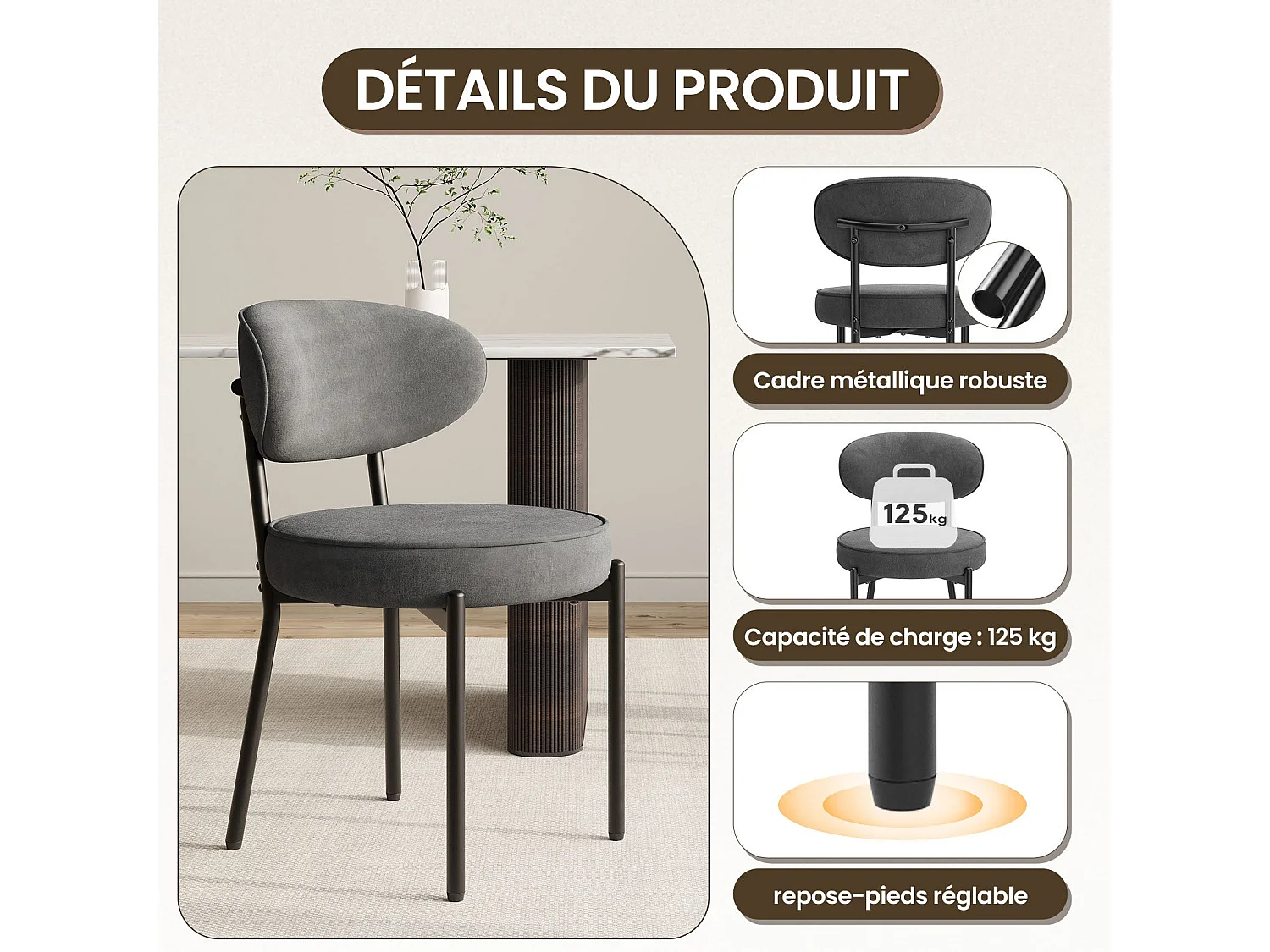 Chaises de salle à manger modernes – Lot de 2, pieds en métal robustes et assise ultra-confortable-Gris