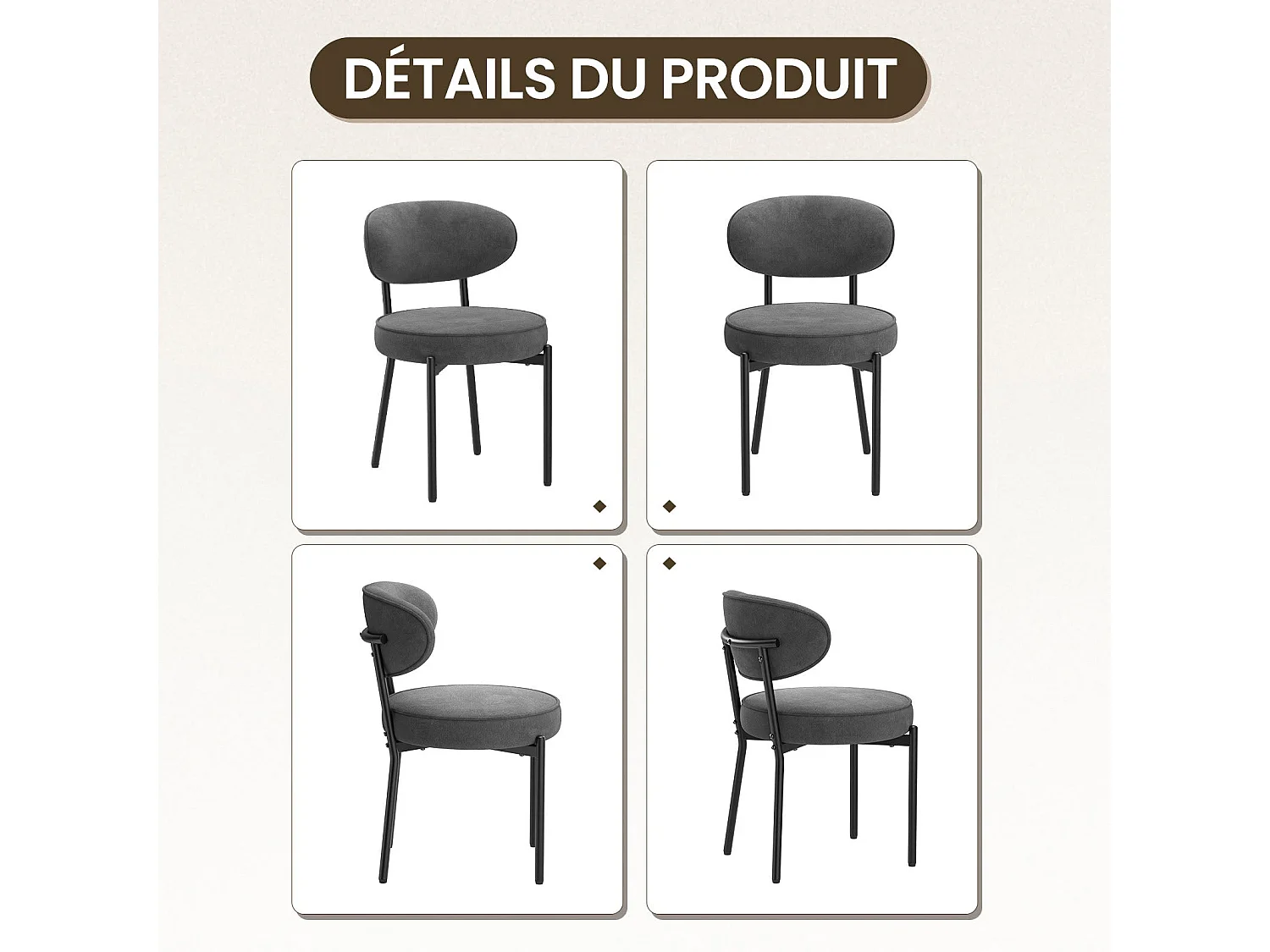 Chaises de salle à manger modernes – Lot de 2, pieds en métal robustes et assise ultra-confortable-Gris
