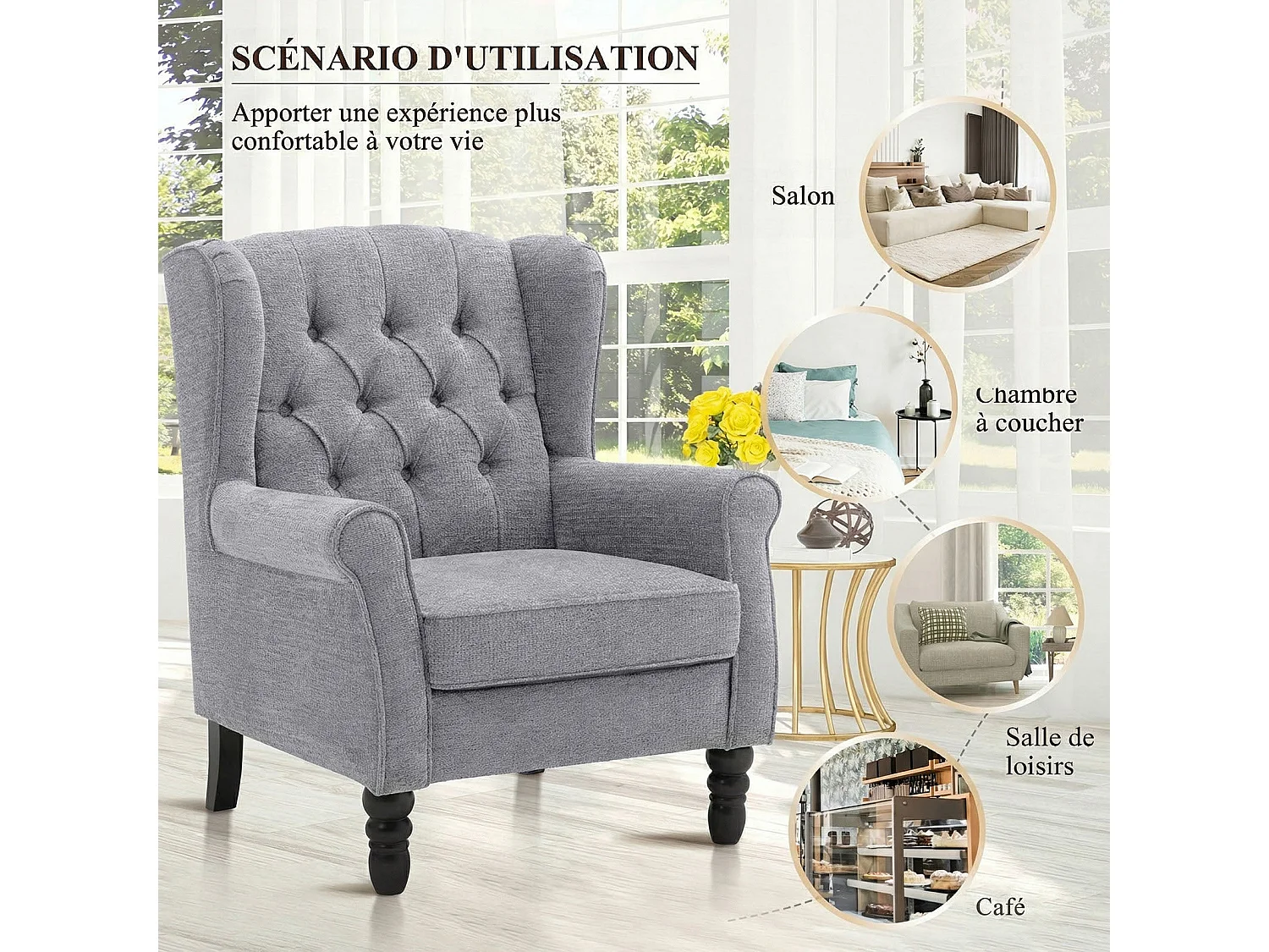 Fauteuil gris avec accoudoirs, fauteuil individuel en tissu, style rétro français, cadre en bois massif