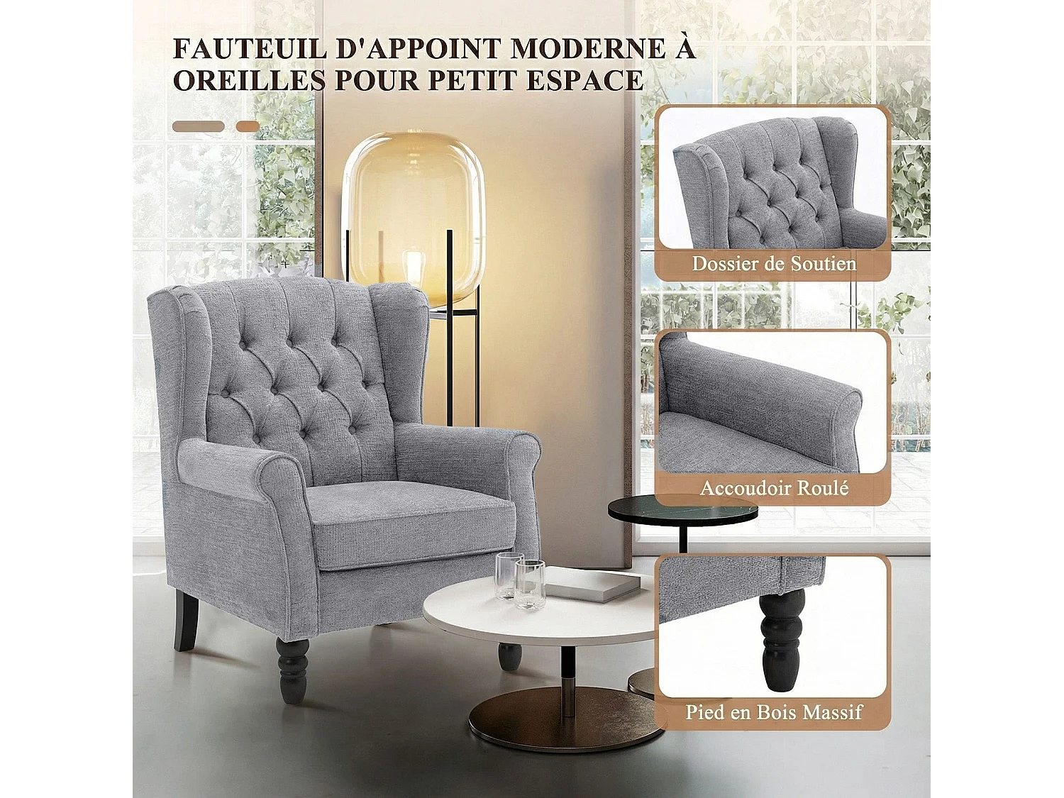 Fauteuil gris avec accoudoirs, fauteuil individuel en tissu, style rétro français, cadre en bois massif