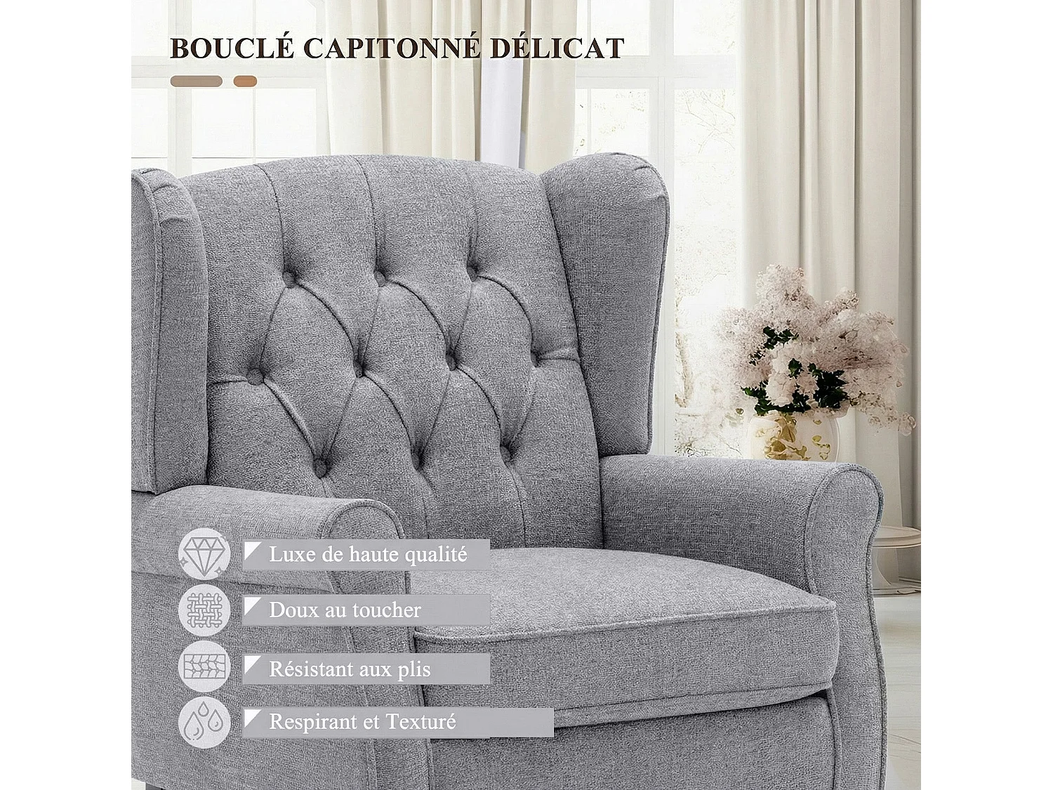 Fauteuil gris avec accoudoirs, fauteuil individuel en tissu, style rétro français, cadre en bois massif