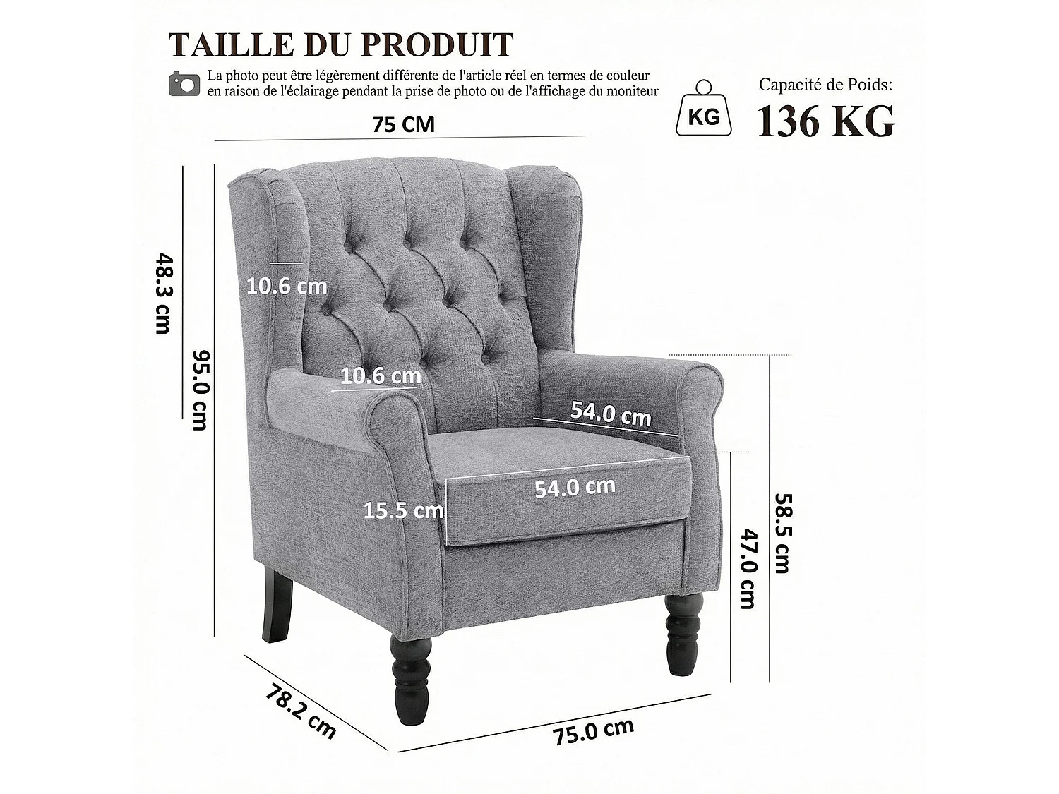 Fauteuil gris avec accoudoirs, fauteuil individuel en tissu, style rétro français, cadre en bois massif