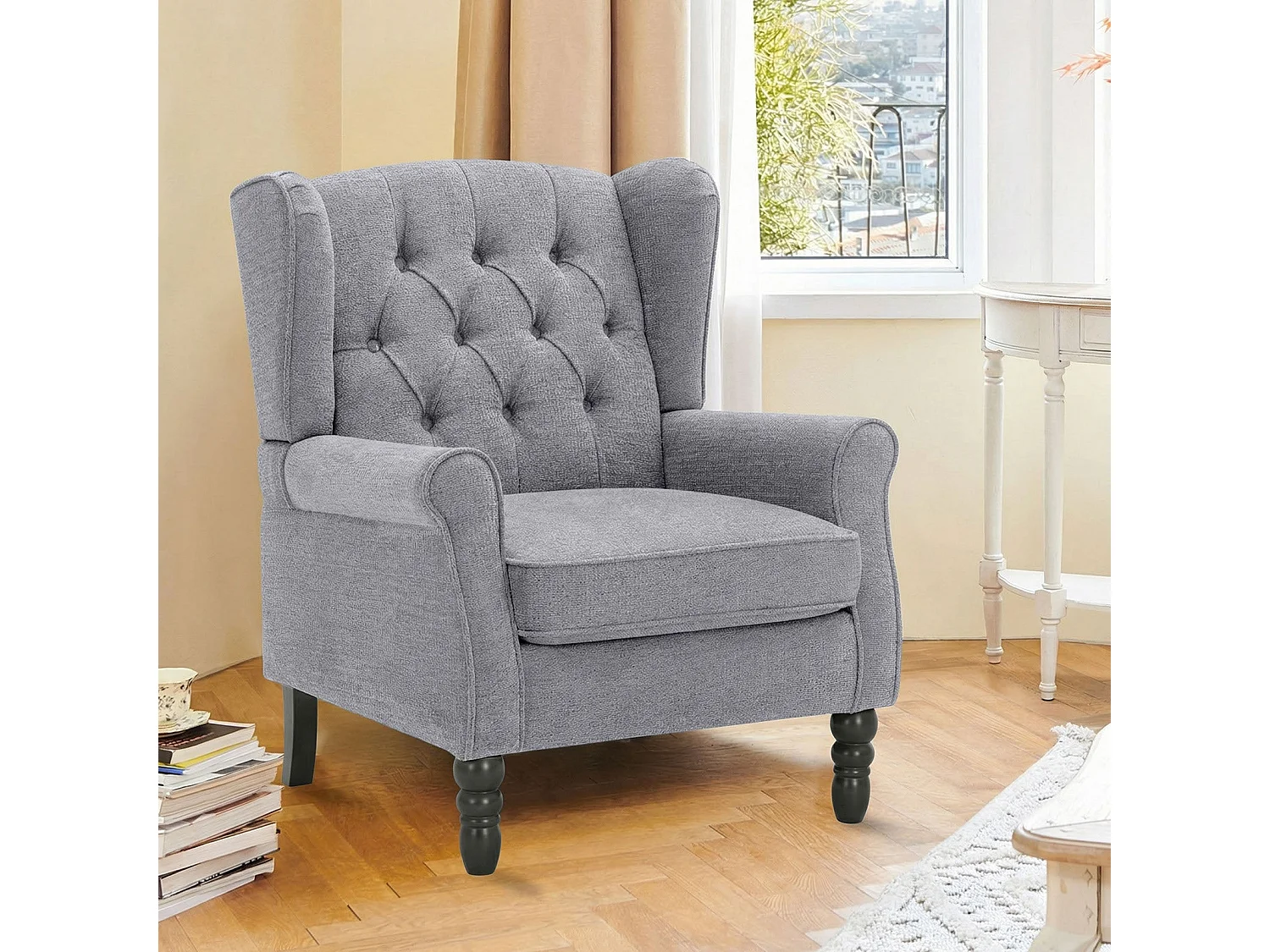 Fauteuil gris avec accoudoirs, fauteuil individuel en tissu, style rétro français, cadre en bois massif