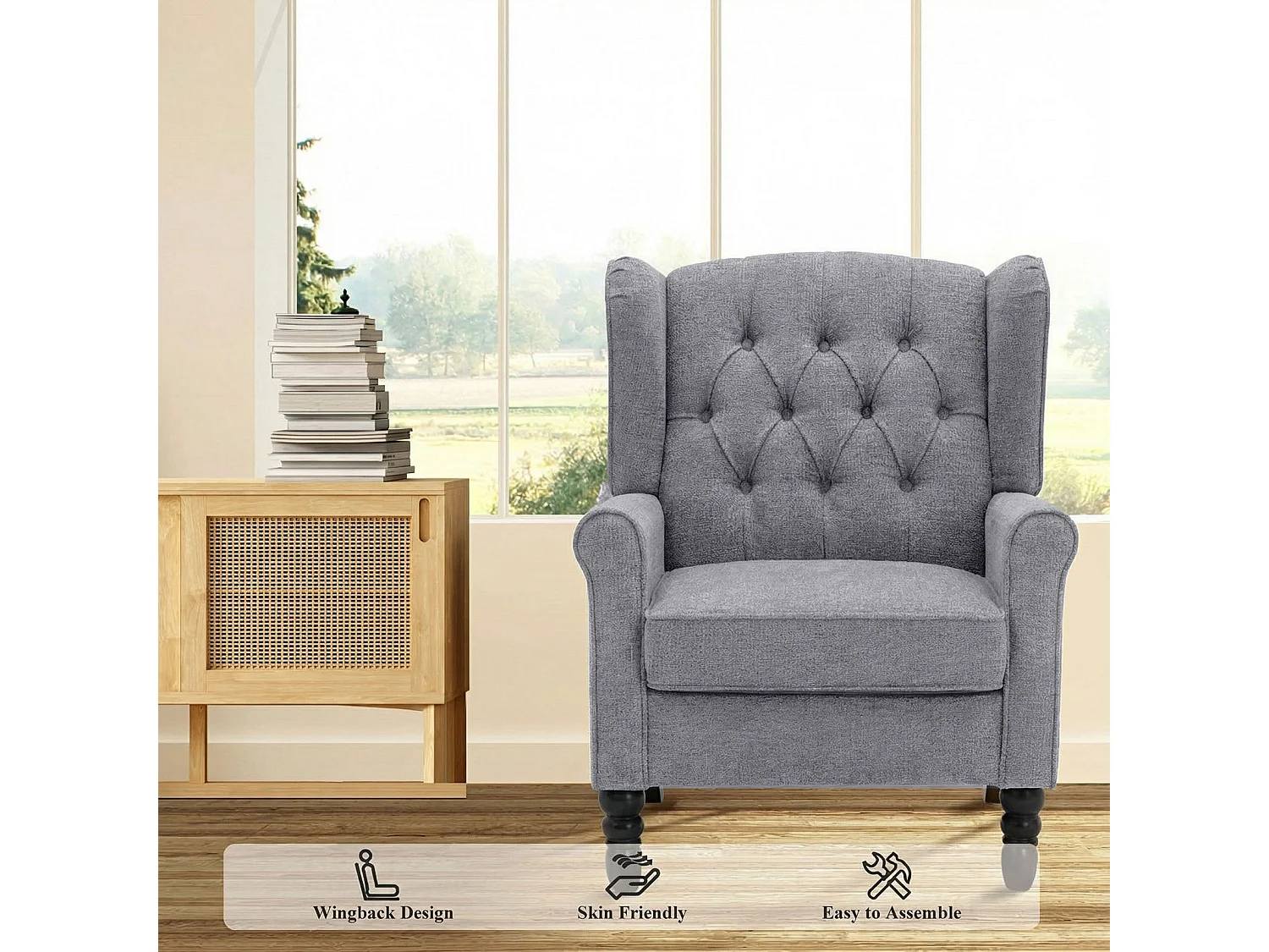 Fauteuil gris avec accoudoirs, fauteuil individuel en tissu, style rétro français, cadre en bois massif