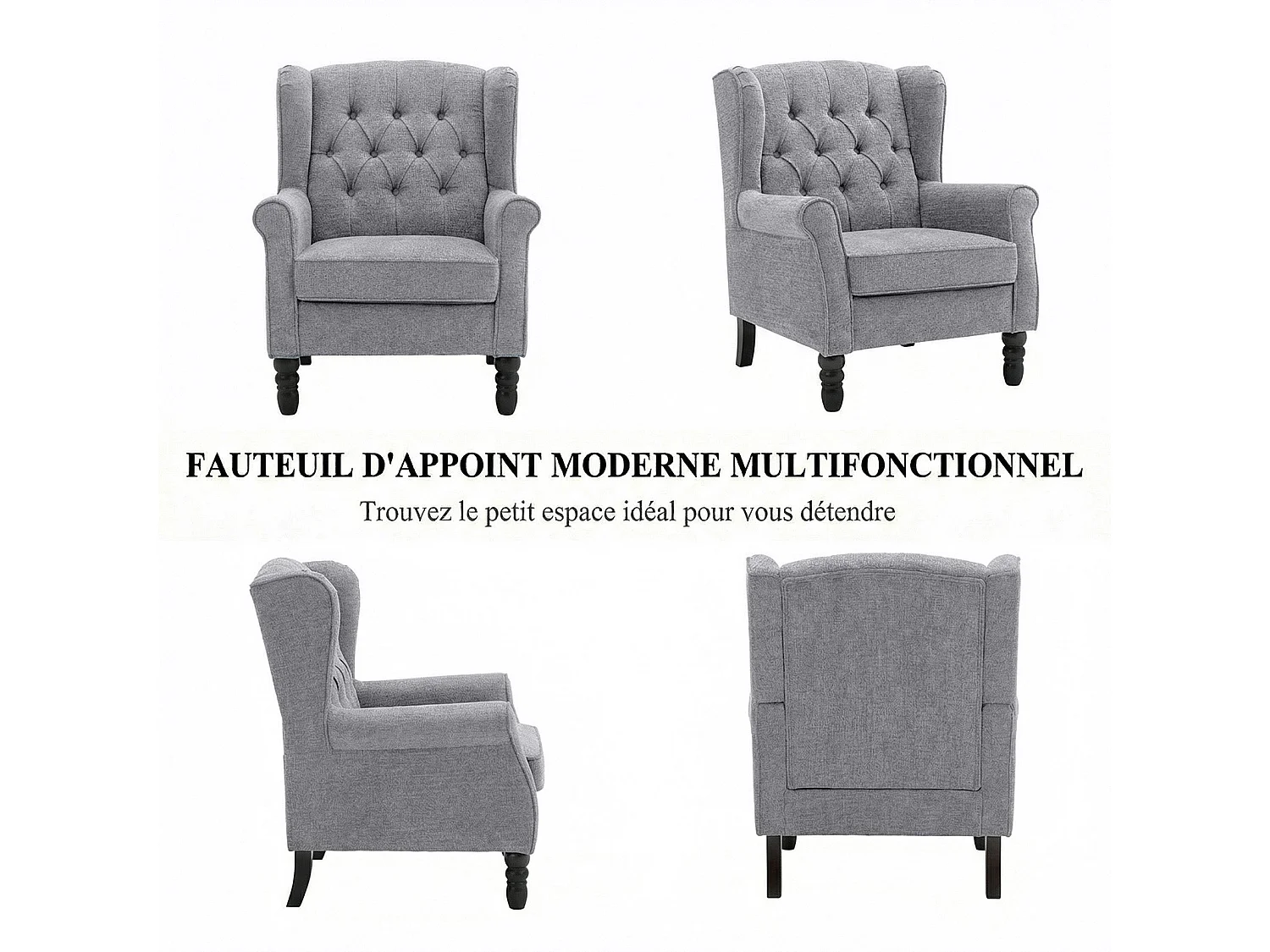 Fauteuil gris avec accoudoirs, fauteuil individuel en tissu, style rétro français, cadre en bois massif