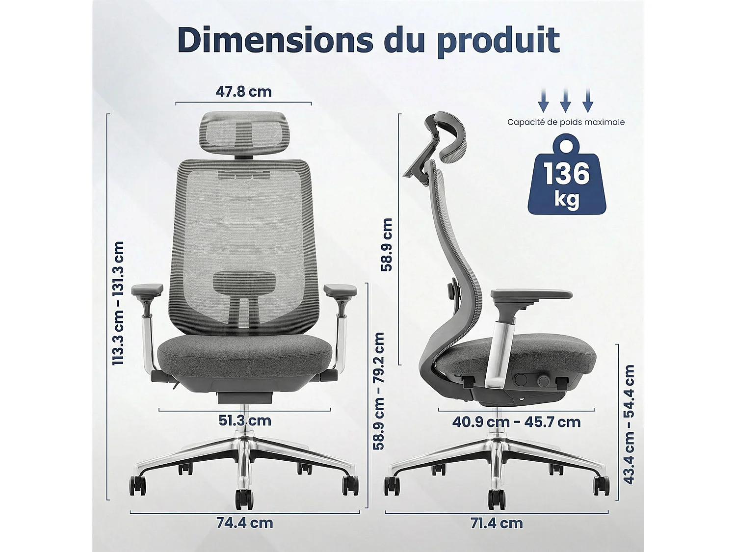 Chaise de bureau - chaise de bureau avec accoudoirs 4D et siège réglable avant-arrière, confort optimal pour travail intensif, gris foncé