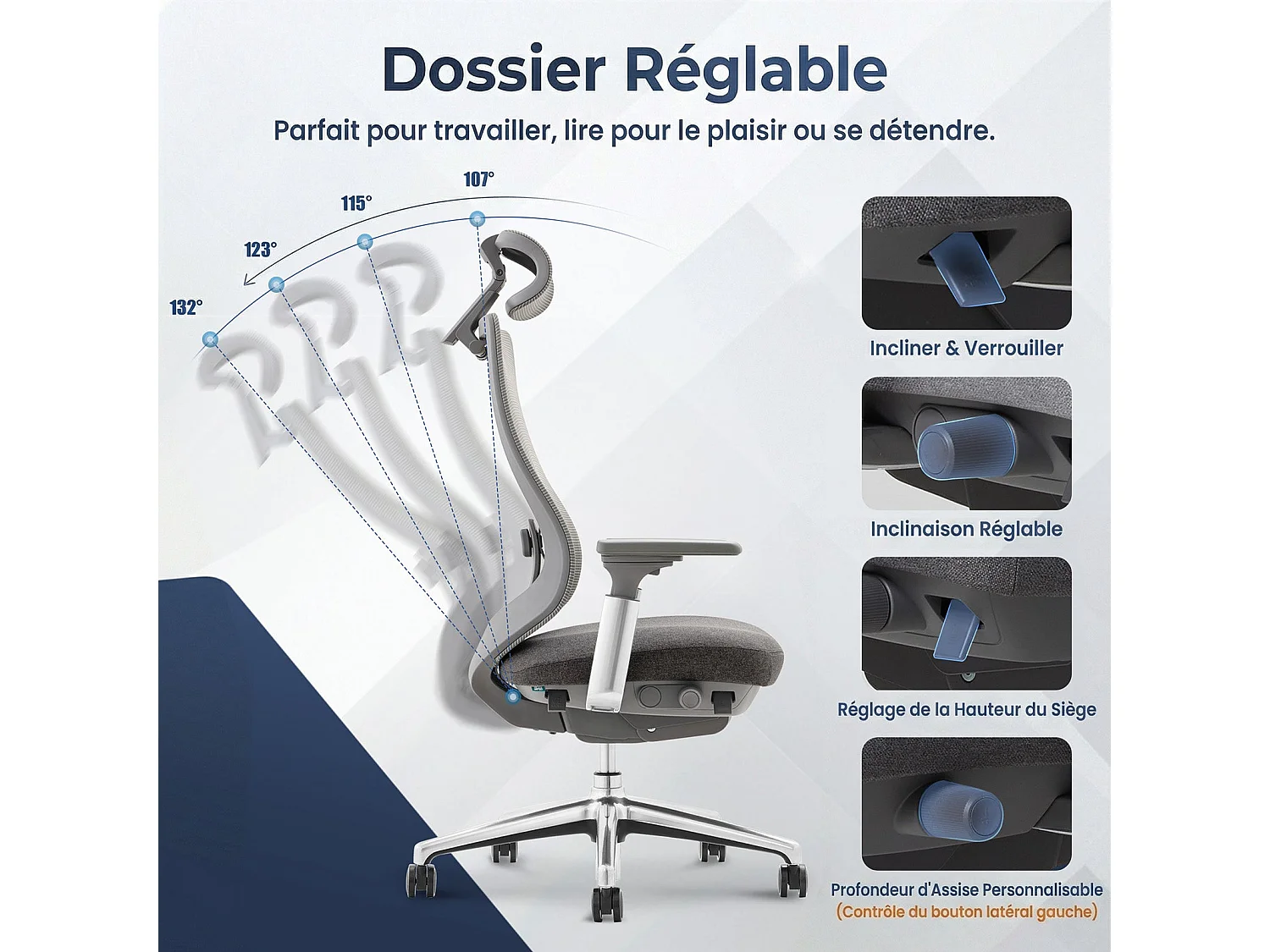 Fauteuil de bureau ergonomique gris foncé SMARTUE, accoudoirs 4D, siège réglable avant-arrière, pieds en métal de qualité