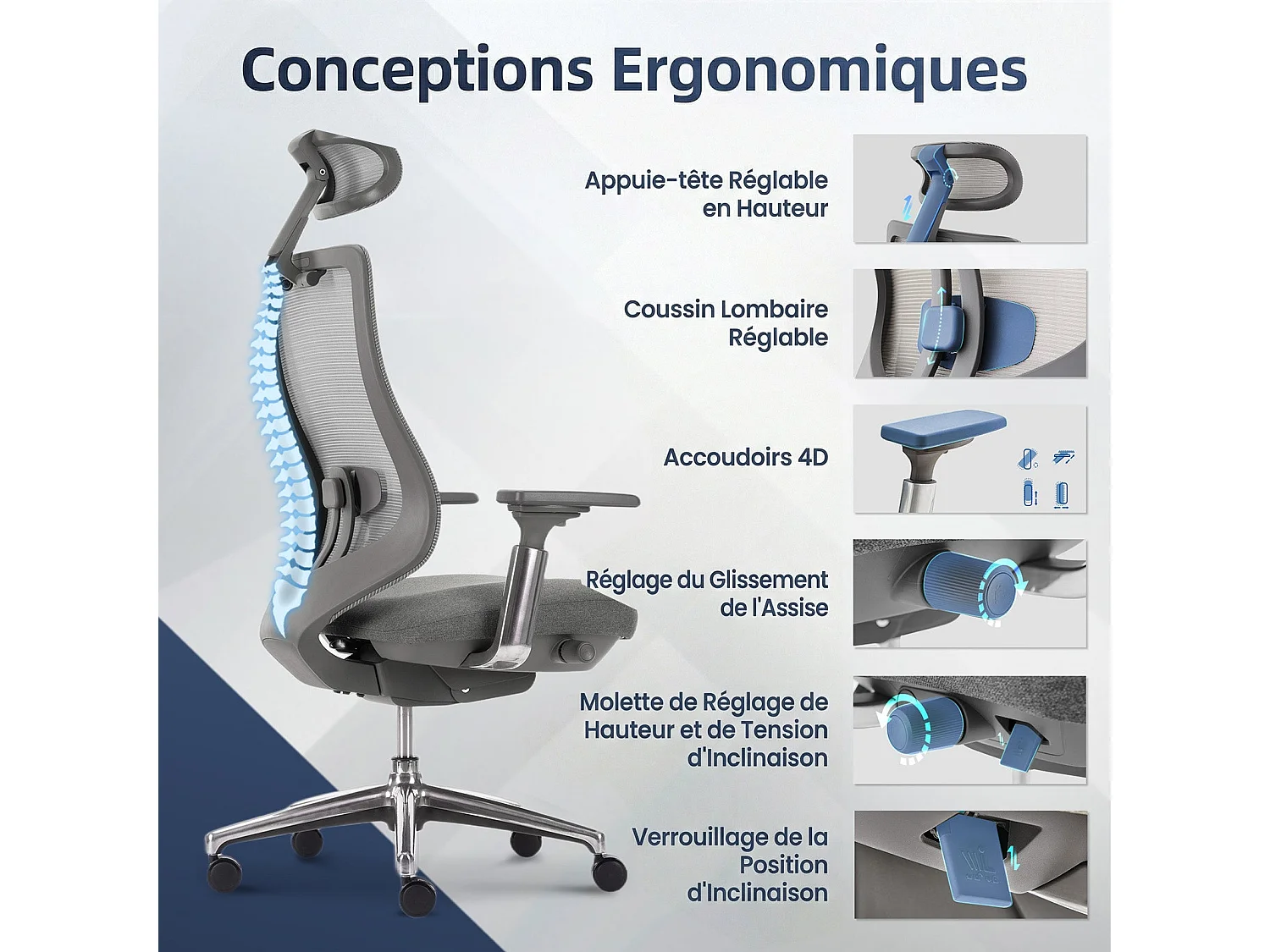 Fauteuil de bureau ergonomique gris foncé SMARTUE, accoudoirs 4D, siège réglable avant-arrière, pieds en métal de qualité