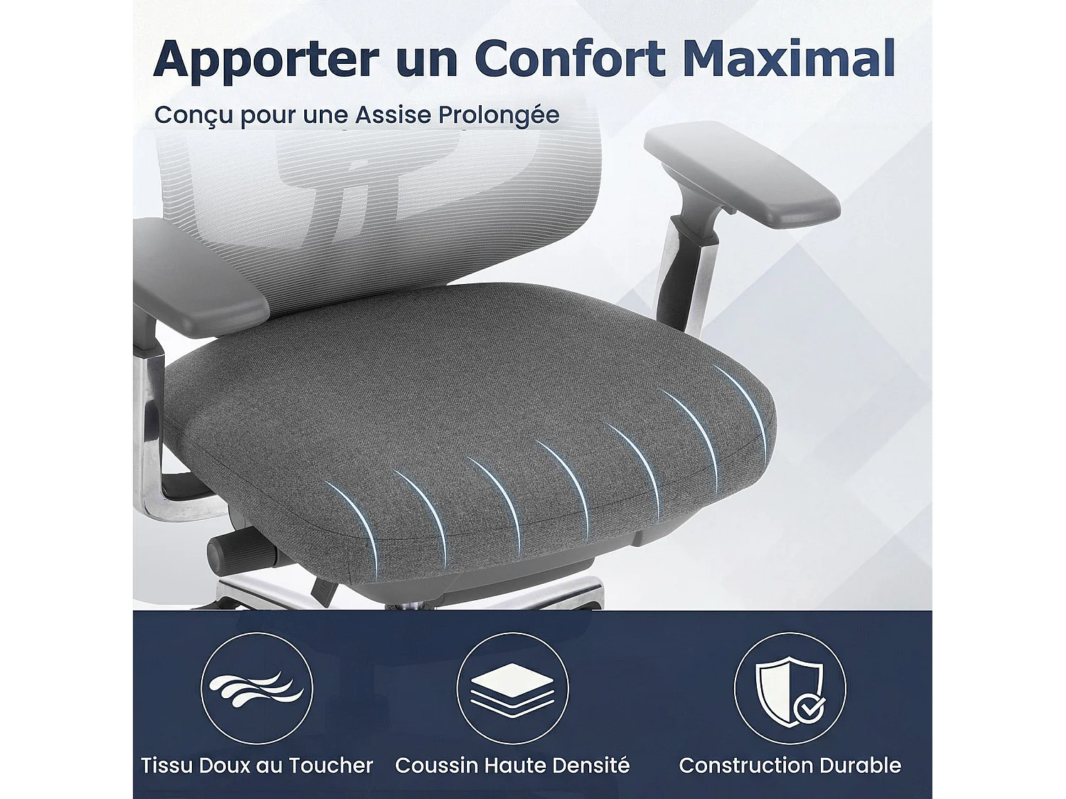 Fauteuil de bureau ergonomique gris foncé SMARTUE, accoudoirs 4D, siège réglable avant-arrière, pieds en métal de qualité