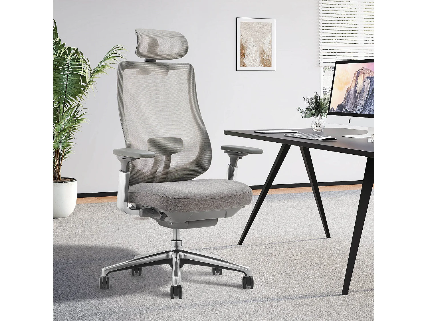 Fauteuil de bureau ergonomique gris foncé SMARTUE, accoudoirs 4D, siège réglable avant-arrière, pieds en métal de qualité