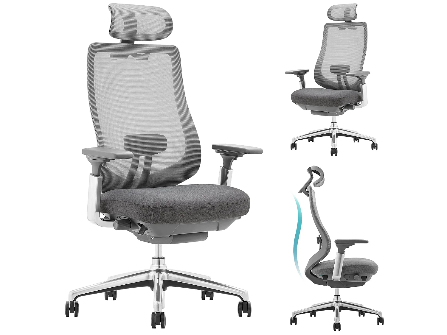SMARTUE Atlas fauteuil de bureau ergonomique gris foncé, accoudoirs 4D, siège réglable avant-arrière, pieds en métal de qualité
