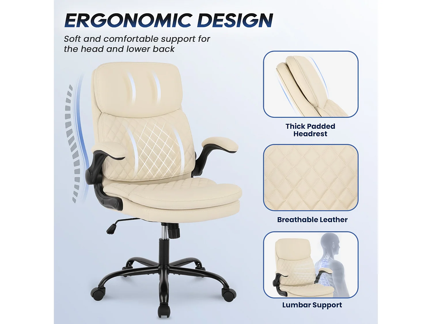 Chaise de bureau - Chaise de Bureau Ergonomique en Cuir – Hauteur Réglable, Dossier Inclinable, Accoudoirs Confortables – Beige