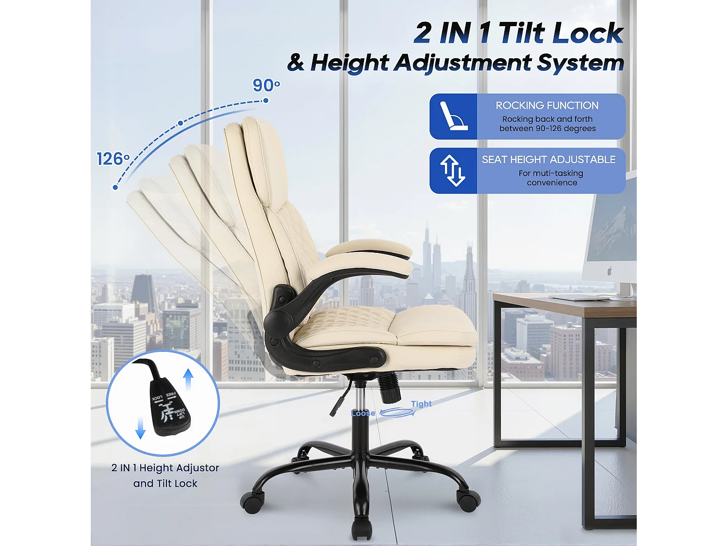 Chaise de bureau - Chaise de Bureau Ergonomique en Cuir – Hauteur Réglable, Dossier Inclinable, Accoudoirs Confortables – Beige