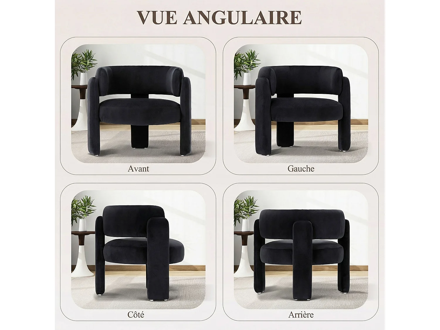 Fauteuil baril moderne en bois solide, mousse haute densité, tissu hypoallergénique – Noir