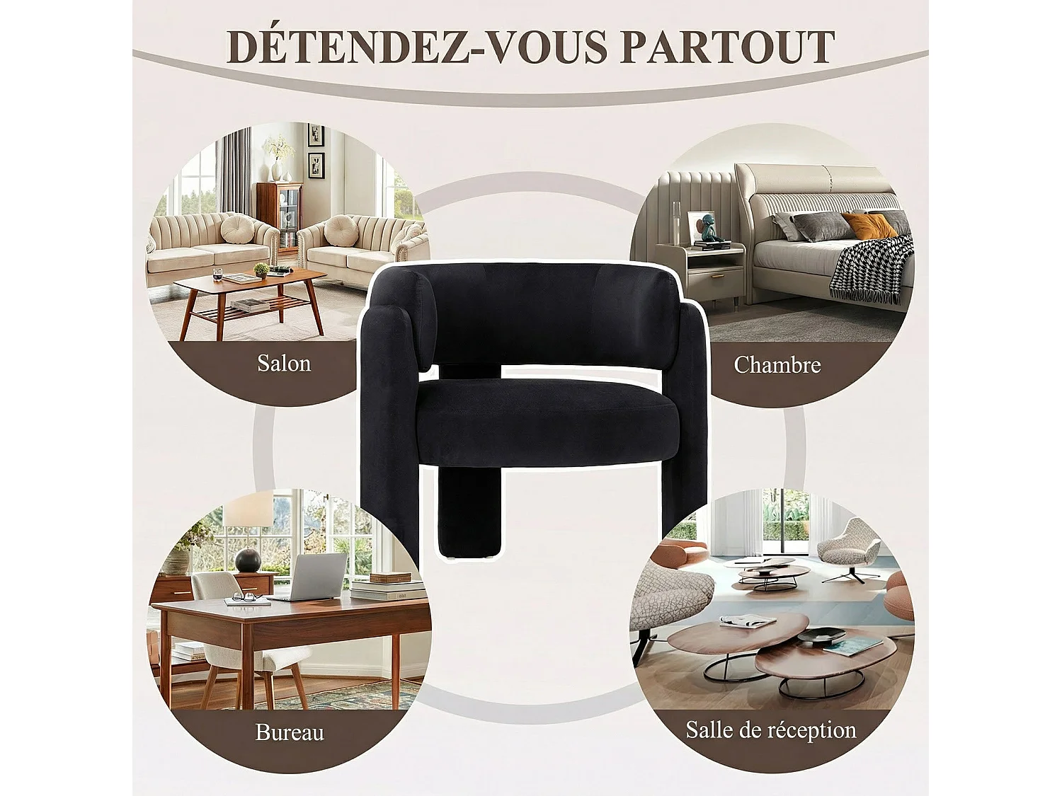 Fauteuil baril moderne en bois solide, mousse haute densité, tissu hypoallergénique – Noir