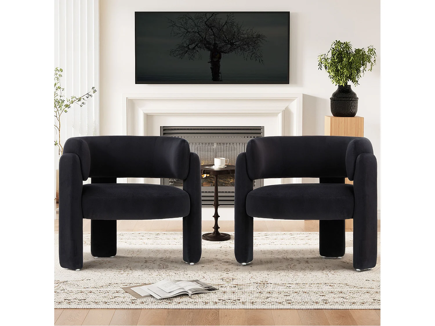 Fauteuil baril moderne en bois solide, mousse haute densité, tissu hypoallergénique – Noir