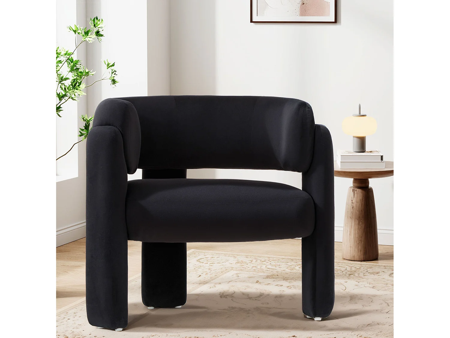 Fauteuil baril moderne en bois solide, mousse haute densité, tissu hypoallergénique – Noir