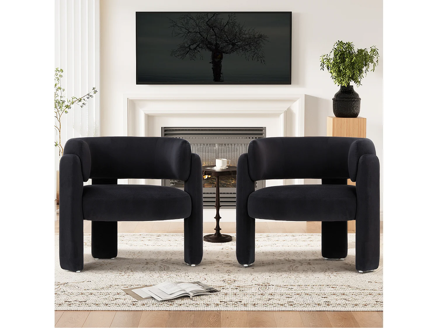 Fauteuil baril moderne en bois solide, mousse haute densité, tissu hypoallergénique – Noir