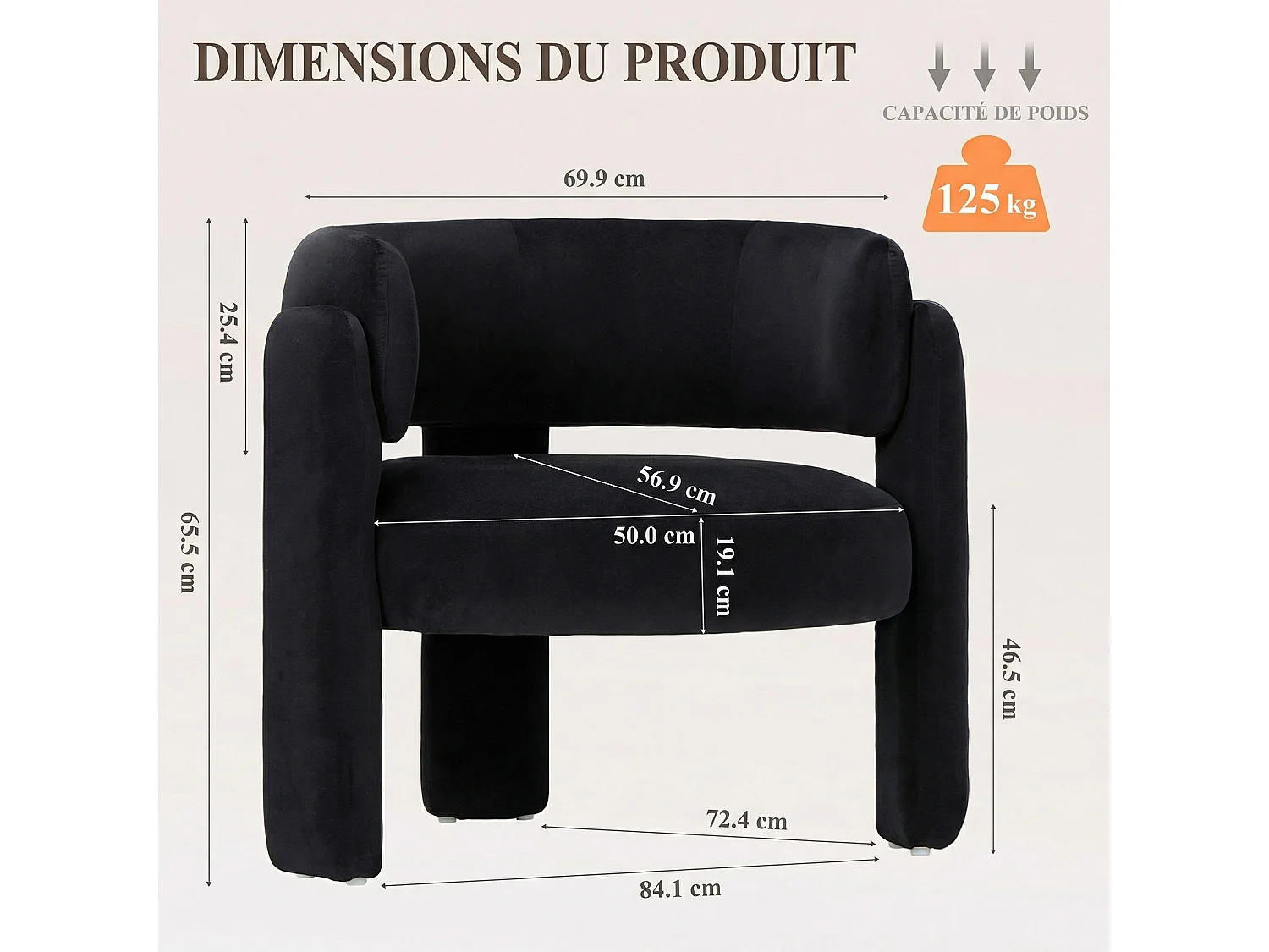 Fauteuil baril moderne en bois solide, mousse haute densité, tissu hypoallergénique – Noir