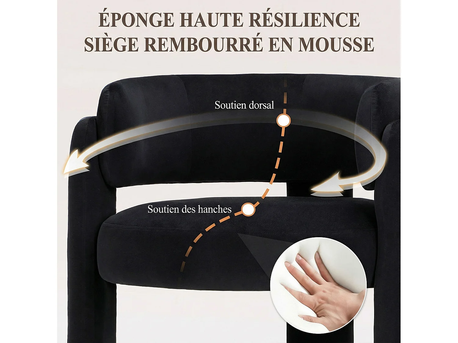 Fauteuil baril moderne en bois solide, mousse haute densité, tissu hypoallergénique – Noir