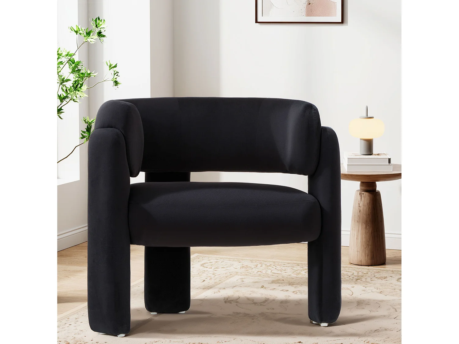 Fauteuil baril moderne en bois solide, mousse haute densité, tissu hypoallergénique – Noir