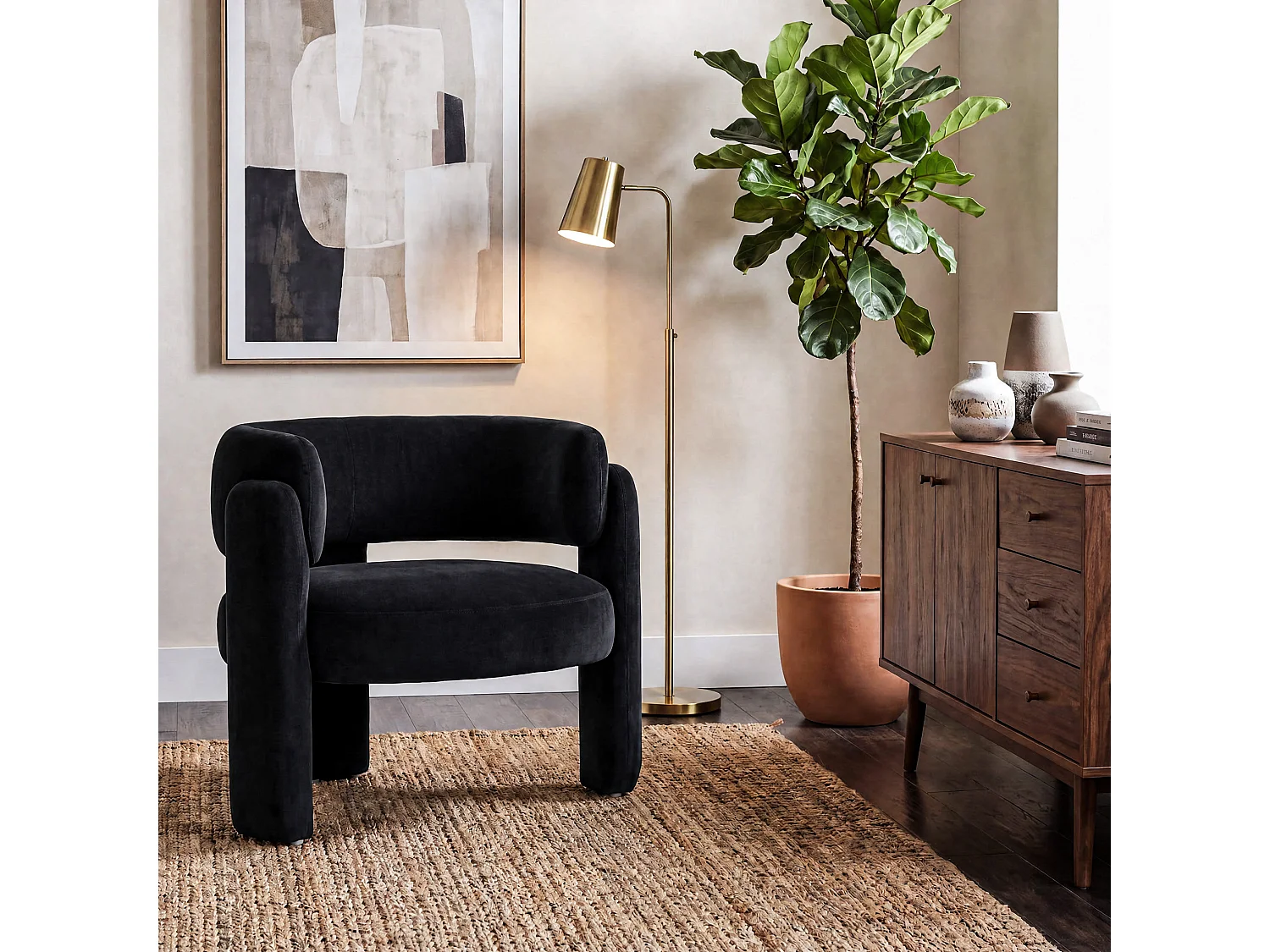 Modern barrel chair in solid wood, high-density foam, hypoallergenic fabric – Black
