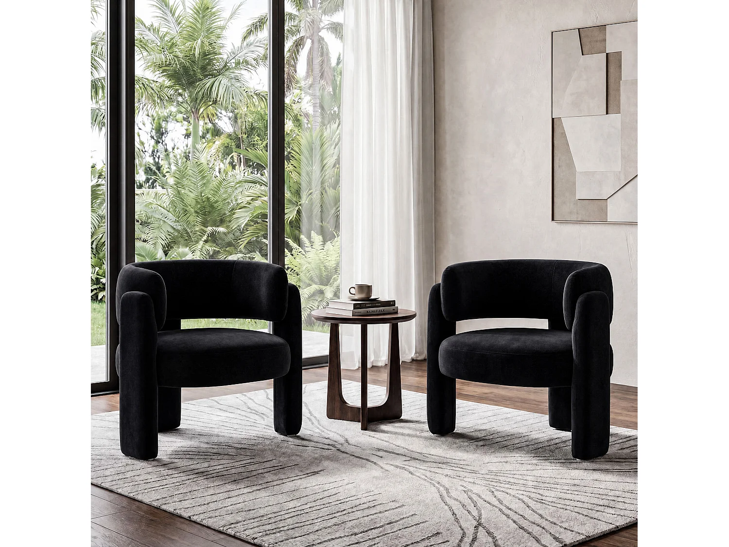 Modern barrel chair in solid wood, high-density foam, hypoallergenic fabric – Black