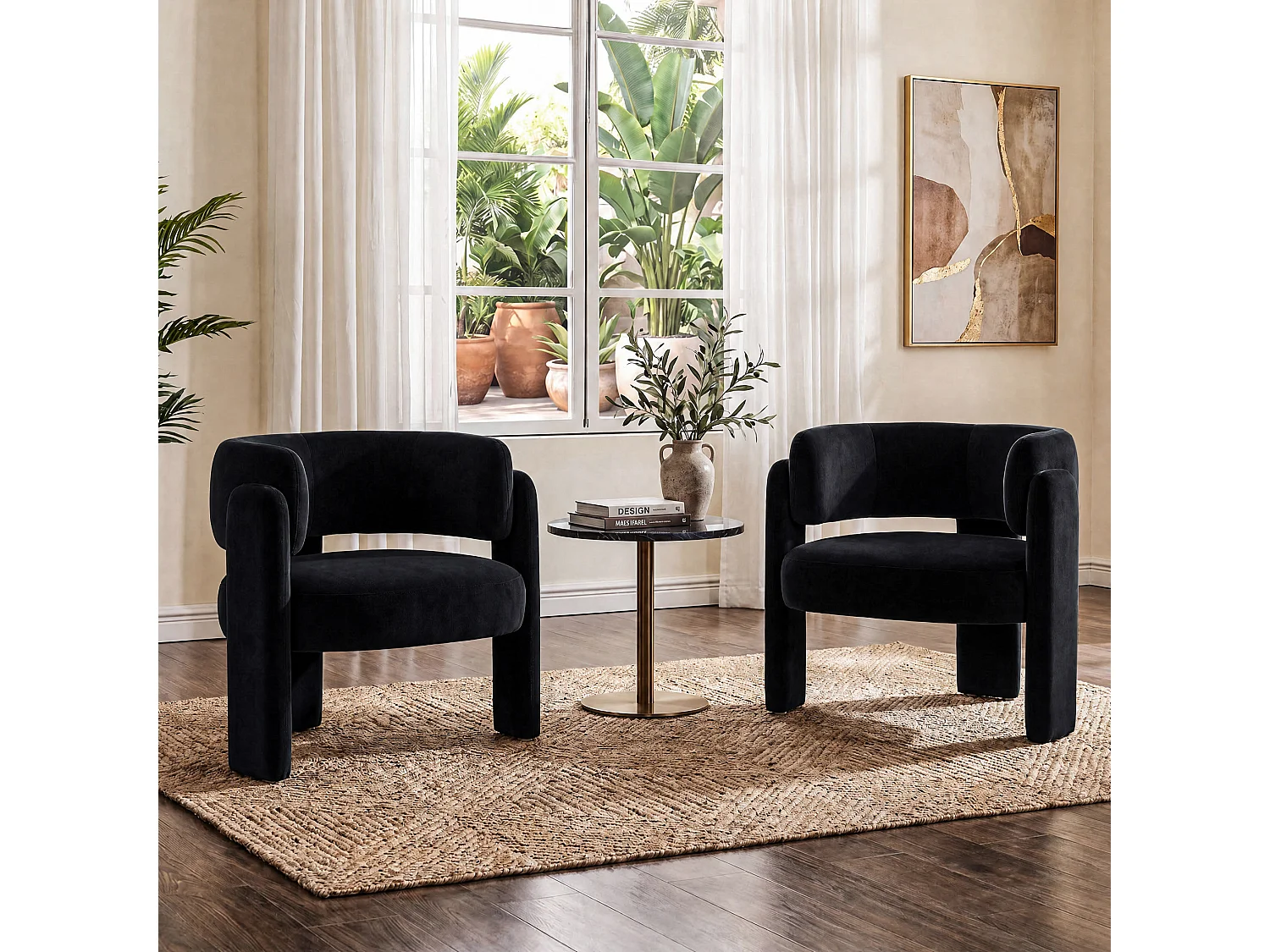 Modern barrel chair in solid wood, high-density foam, hypoallergenic fabric – Black