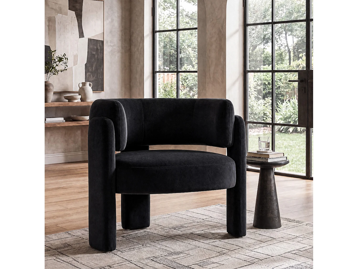 Modern barrel chair in solid wood, high-density foam, hypoallergenic fabric – Black