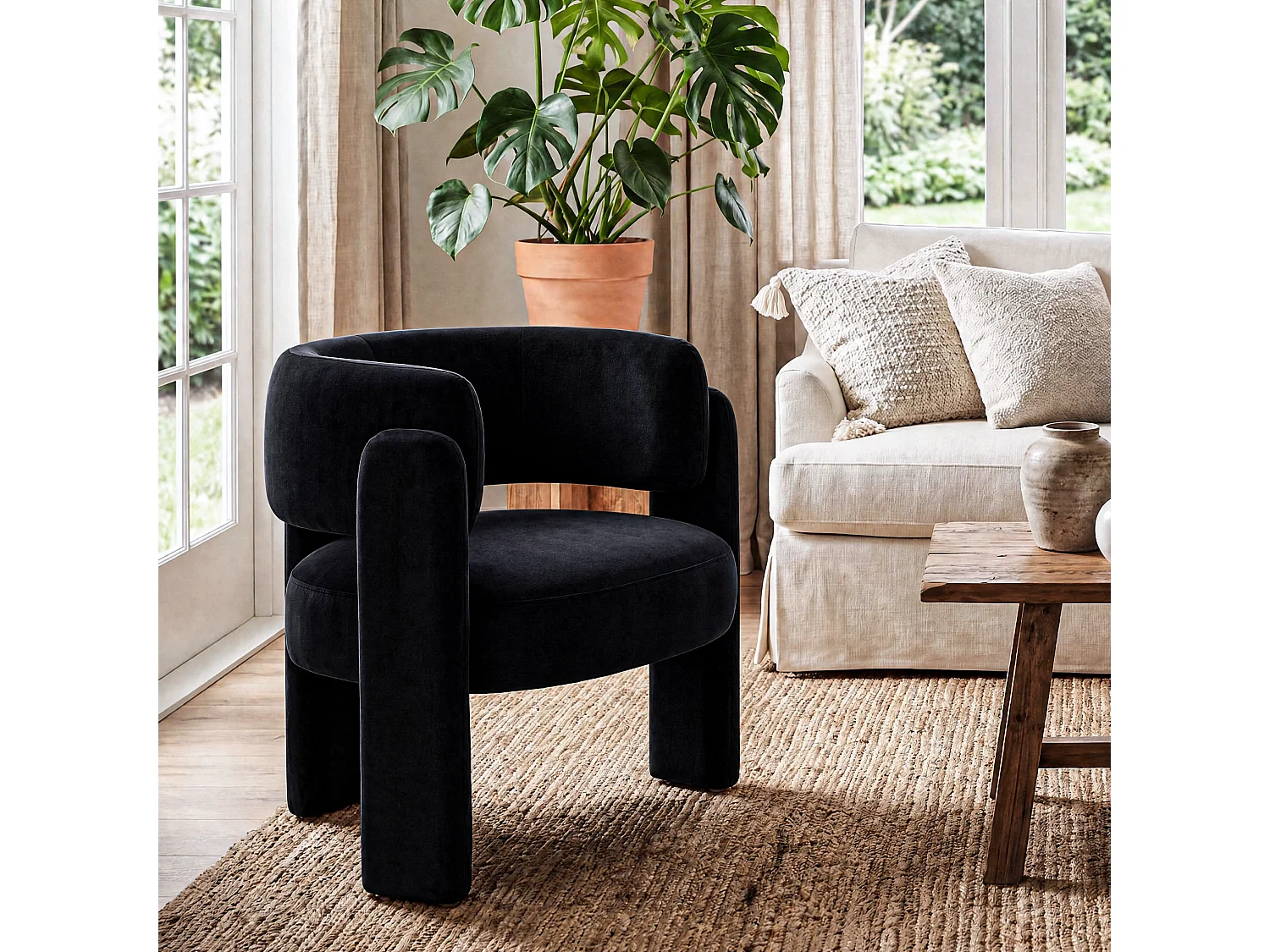 Modern barrel chair in solid wood, high-density foam, hypoallergenic fabric – Black