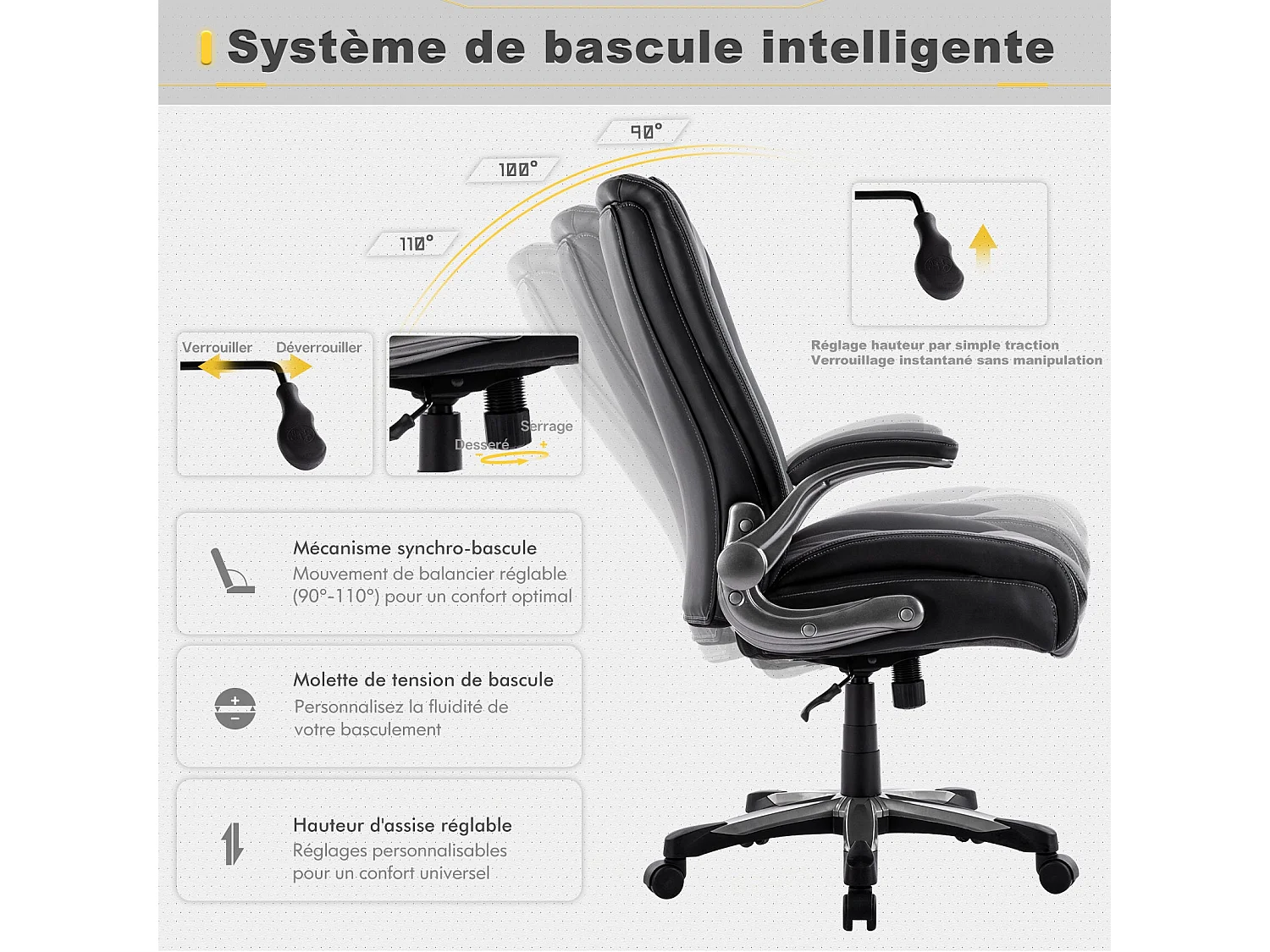 Chaise de bureau – Chaise de bureau ergonomique Robuste, charge maximale 181 kg - Noir