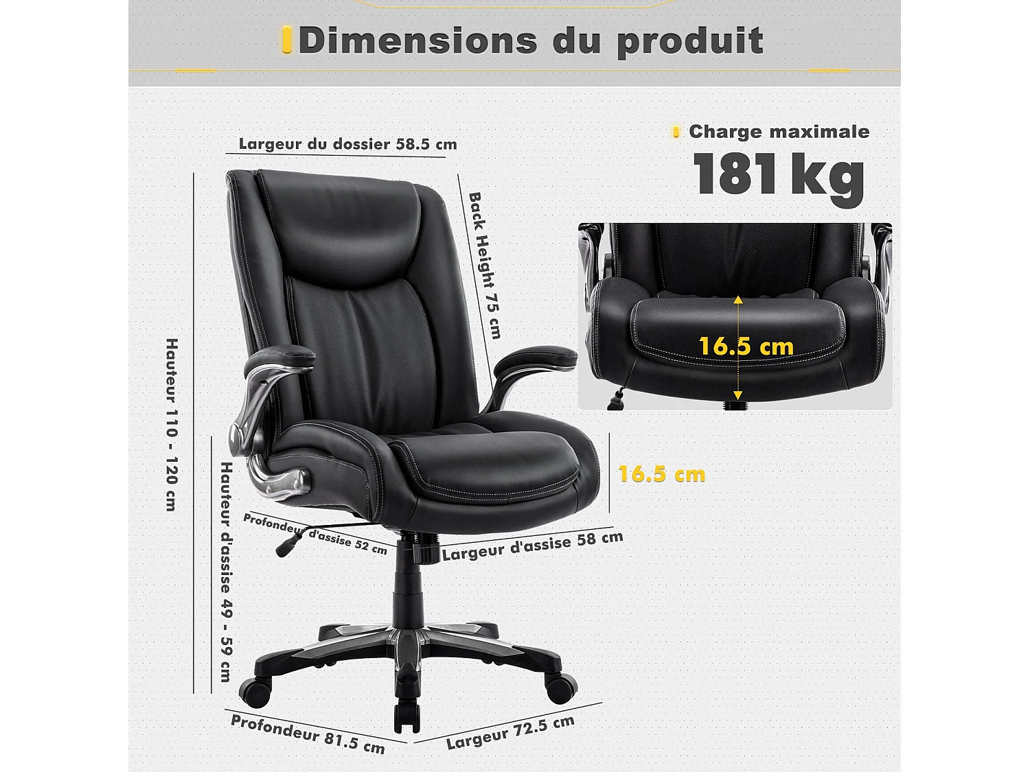 Chaise de bureau ergonomique Robuste, charge maximale 181 kg-Noir