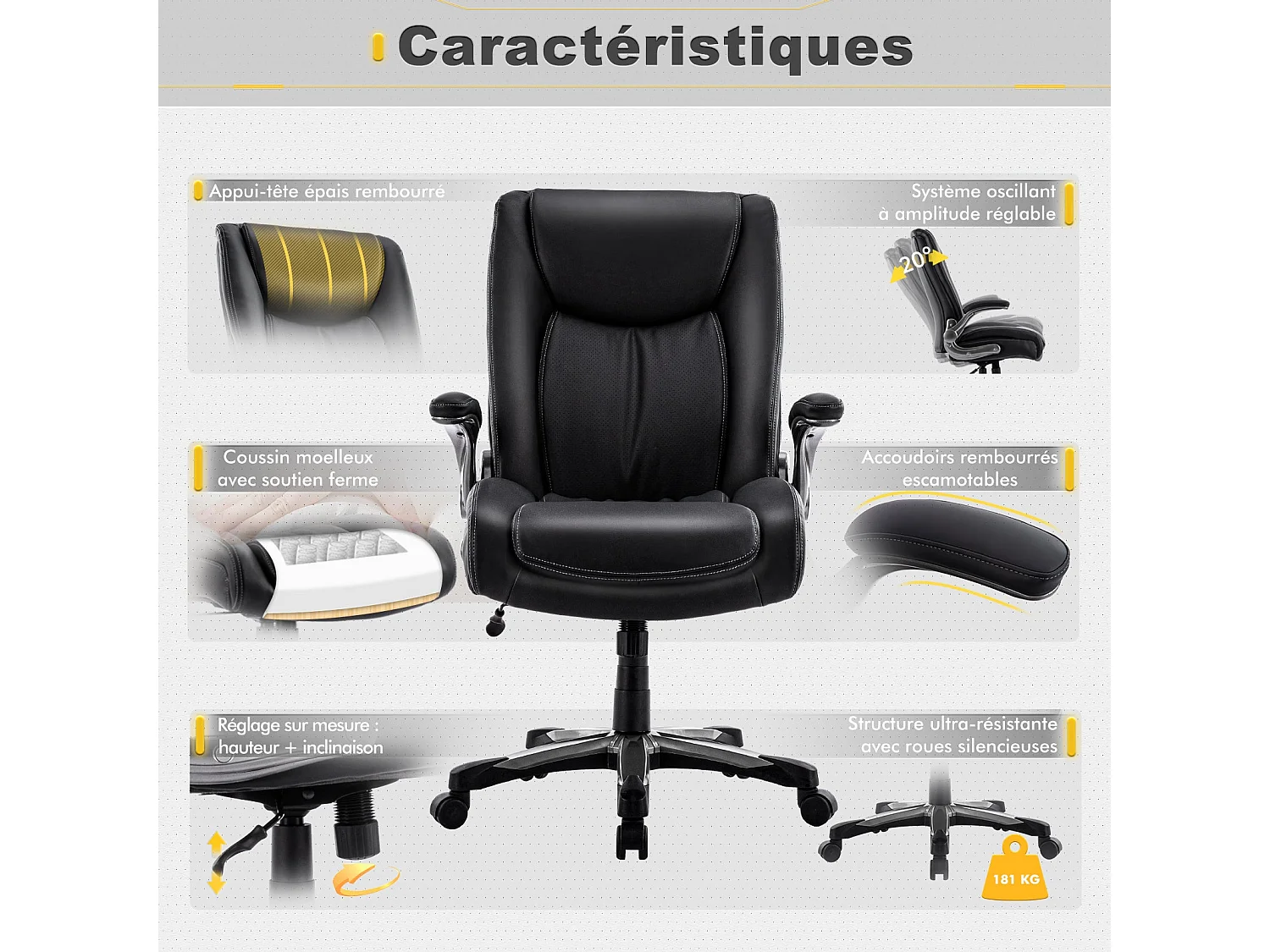 Chaise de bureau ergonomique Robuste, charge maximale 181 kg-Noir