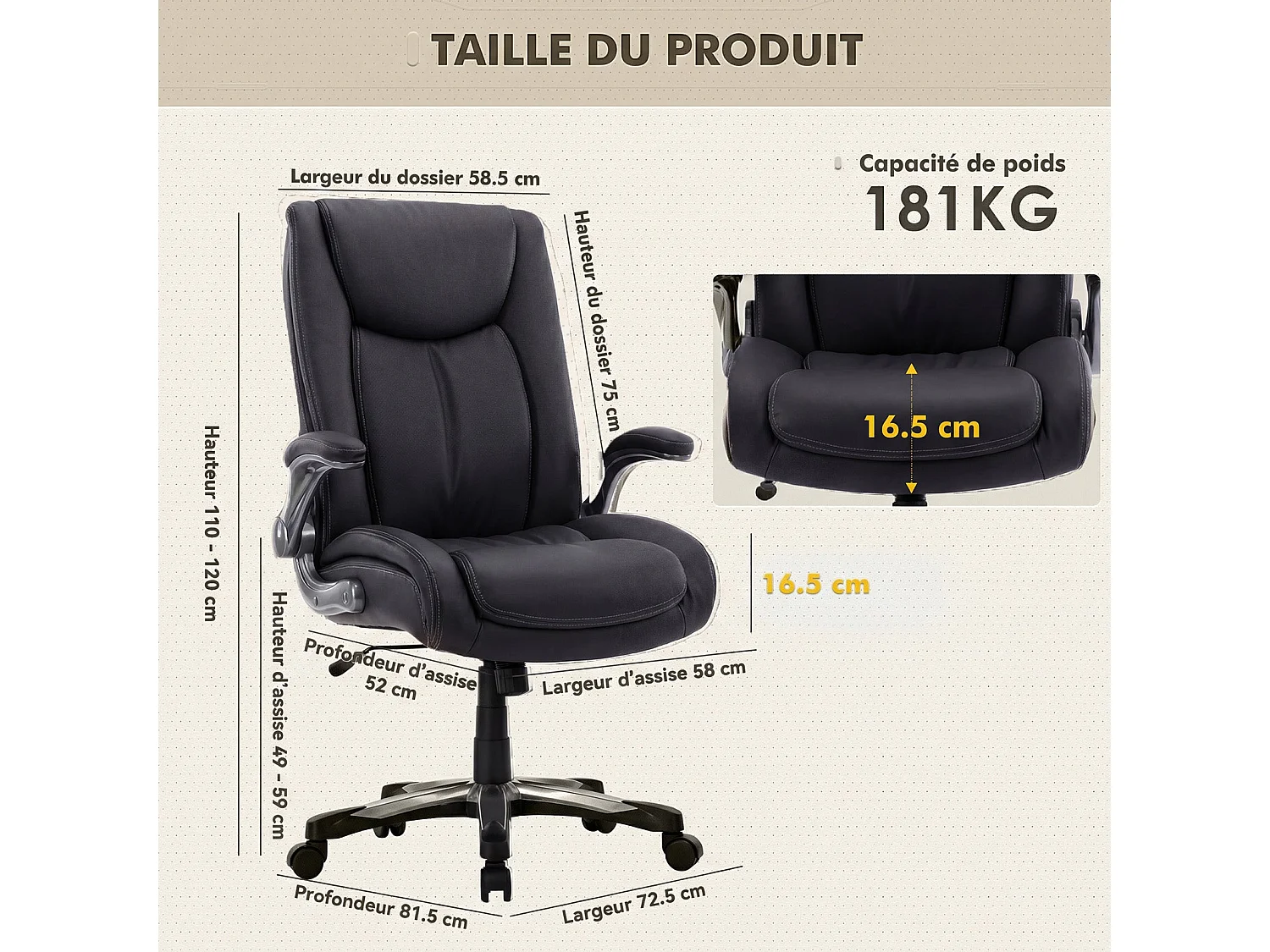 Wytrzymałe ergonomiczne krzesło biurowe, maksymalne obciążenie 181 kg – Czarny
