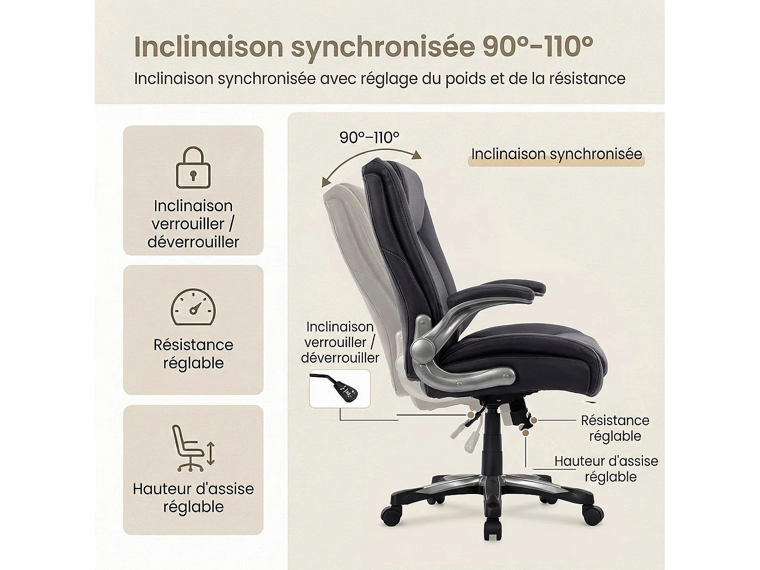 Wytrzymałe ergonomiczne krzesło biurowe, maksymalne obciążenie 181 kg – Czarny