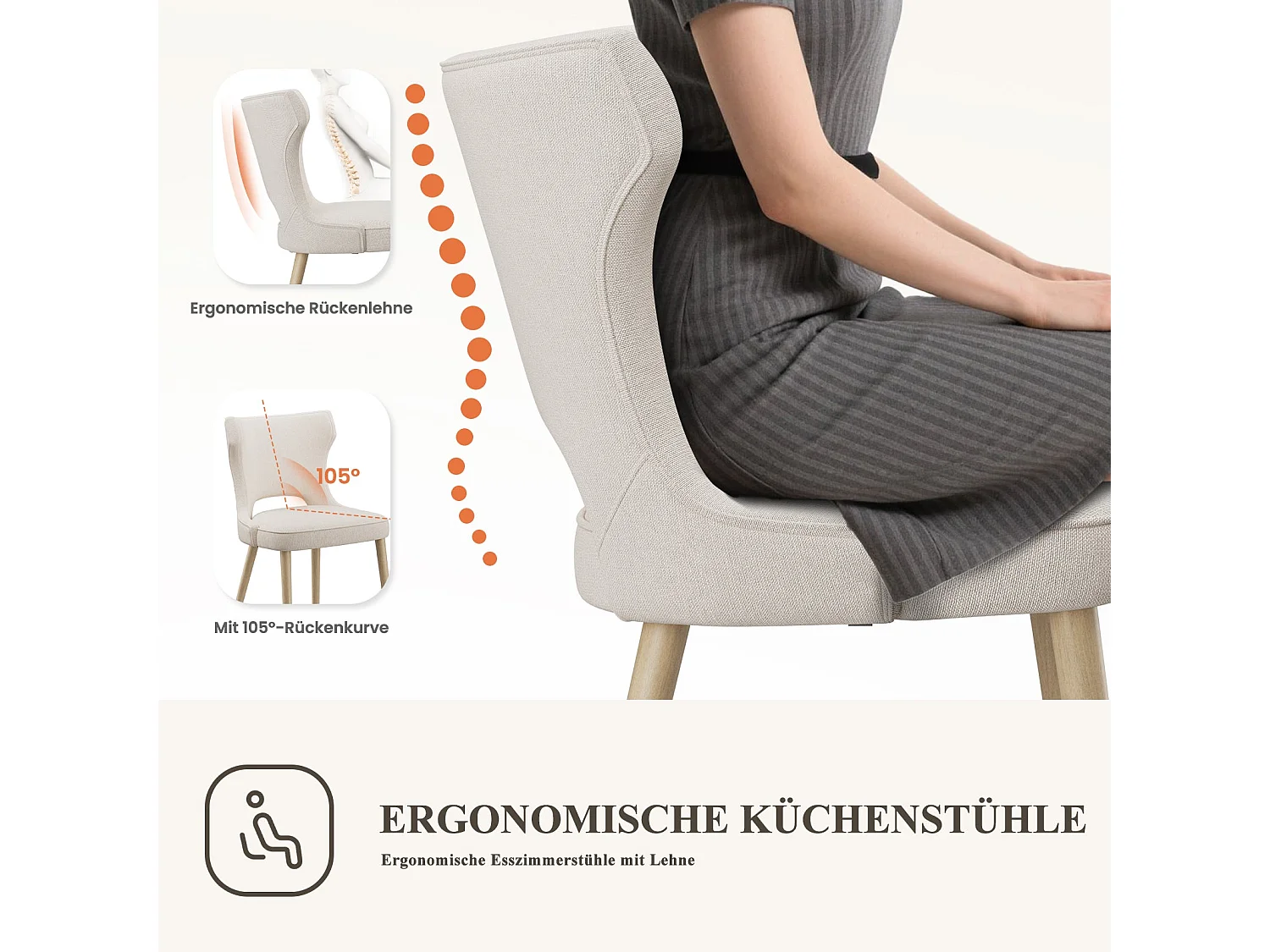 Chaise – Lot de 2 chaises capitonnées dossier haut style club – Pour salle à manger, cuisine, salon – Beige