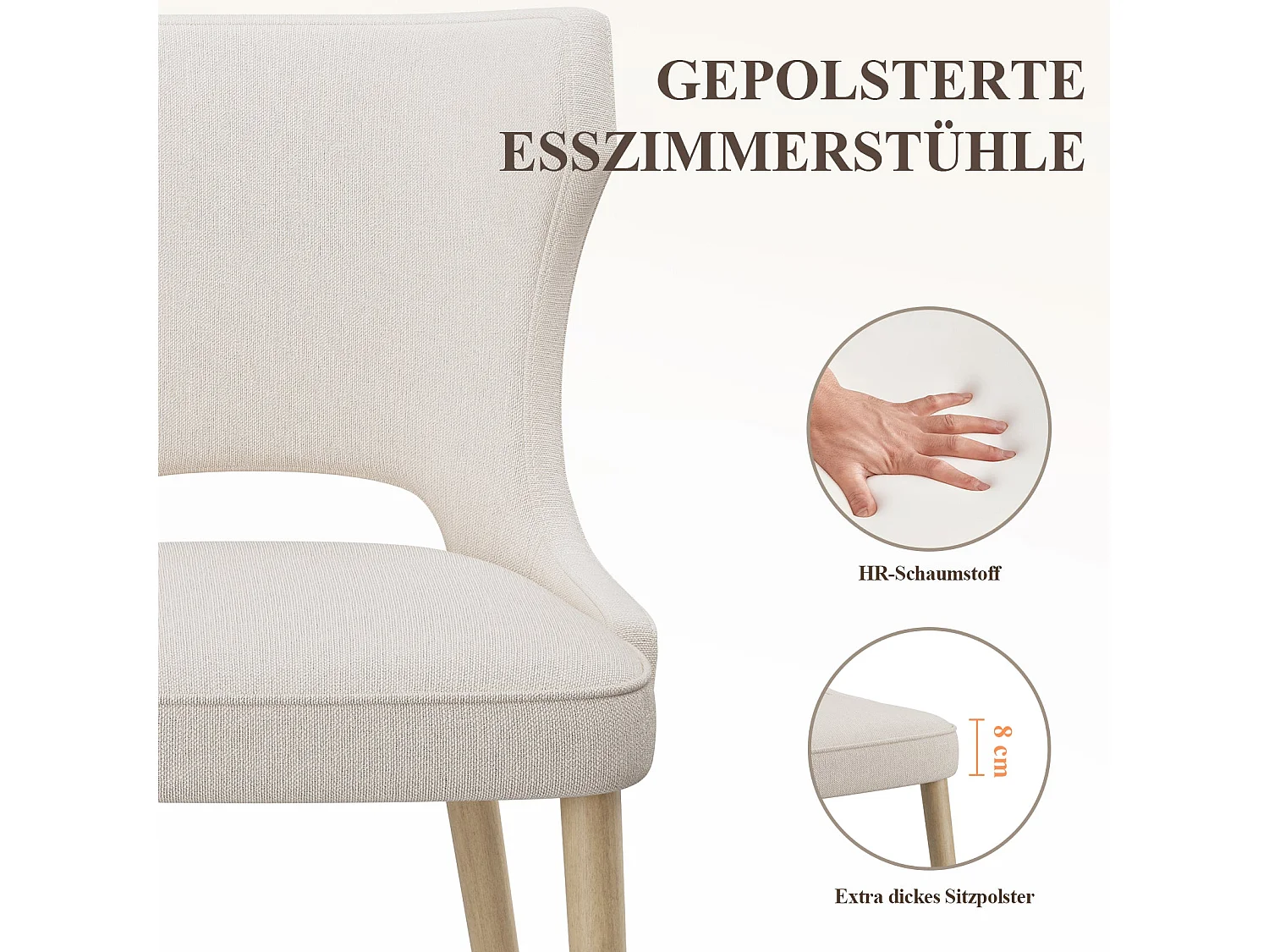 Chaise – Lot de 2 chaises capitonnées dossier haut style club – Pour salle à manger, cuisine, salon – Beige