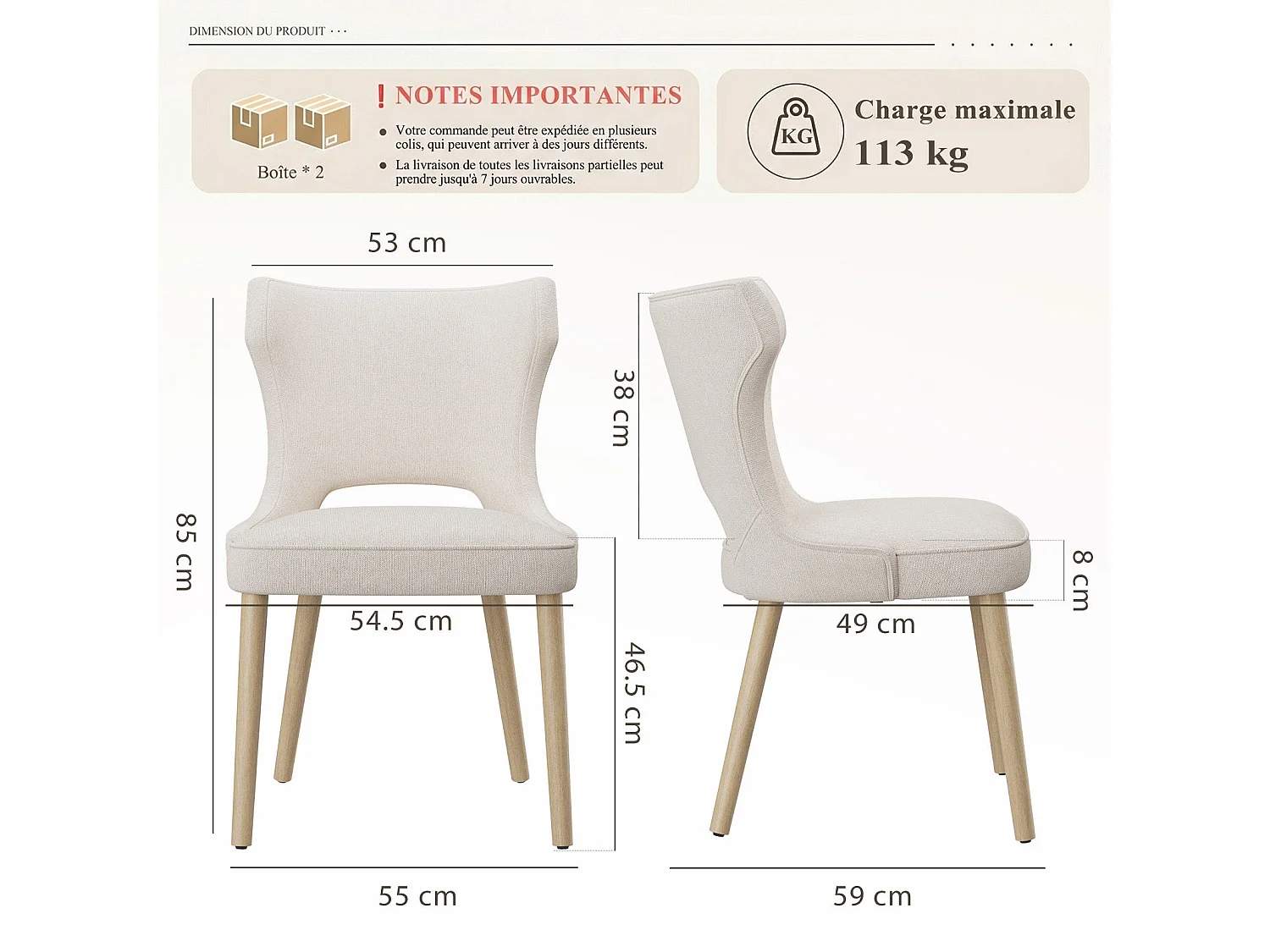Lot de 2 chaises de salle à manger vintage style club dossier haut, en bois et tissu rembourré - Beige