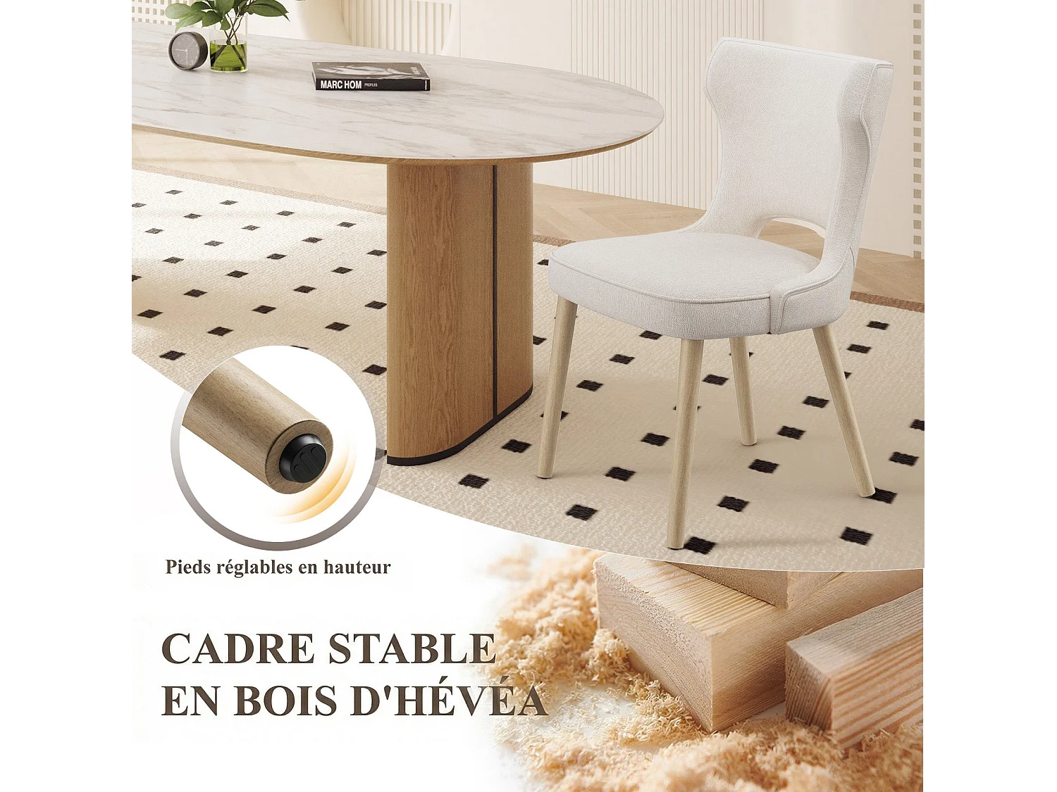 Lot de 2 chaises de salle à manger vintage style club dossier haut, en bois et tissu rembourré - Beige