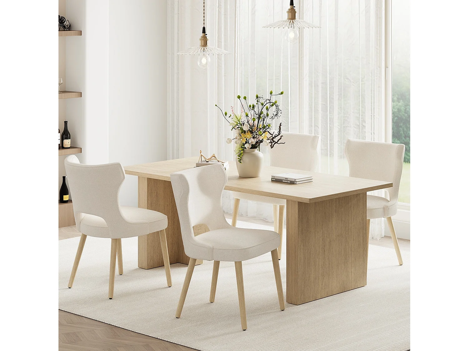 Lot de 2 chaises de salle à manger vintage style club dossier haut, en bois et tissu rembourré - Beige